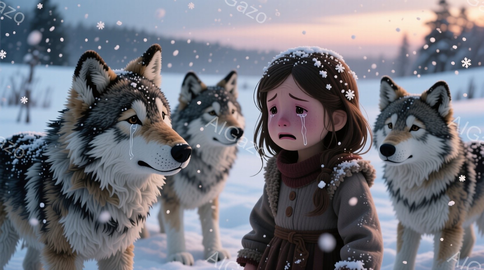 雪景色の中に、茶色の髪の少女が立っており、両目から涙がこぼれ落ちています。彼女は茶色のセーターとコートを着ており、悲しみに暮れた表情をしています。少女の周りには、３匹の灰色がかった狼が立っており、静か - AI生成フリー素材