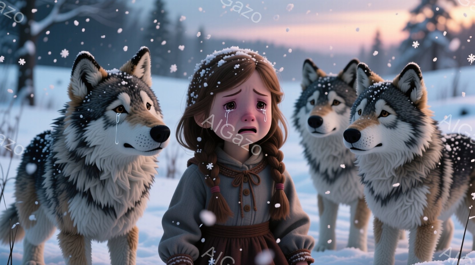 泣いている少女を中心に、左右に狼が2匹立っている様子が描かれています。少女は茶色の髪を三つ編みにし、茶色のセーターとスカートを着ており、悲しげな表情をしています。背景は雪景色で、遠くには木々が見え、全体的に寂しげで切ない雰囲気が漂っています。
