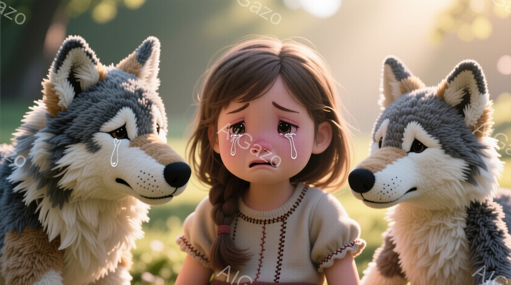 少女は悲しみに暮れ、涙を流しています。彼女は白いセーターと赤い縞模様のドレスを着ており、髪は二つの三つ編みに結ばれています。二匹の大きな、毛むくじゃらの狼が彼女の両側に立っており、緑豊かな草地とぼやけ - AI生成フリー素材
