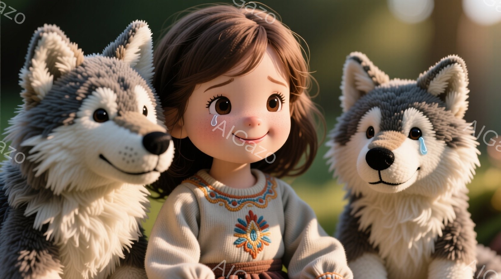 茶髪の少女が、肩に灰色のオオカミのぬいぐるみが左右に寄り添うように座っています。少女は刺繍が施されたセーターを着ており、少し涙を浮かべた優しい表情をしています。背景は緑豊かな自然で、暖かく、少し物悲しい雰囲気が漂っています。