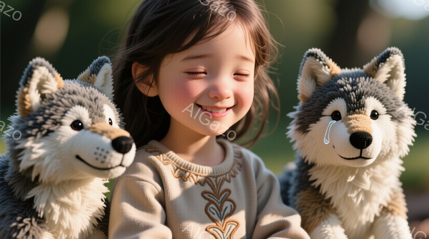 茶色の髪の少女が、ベージュ色のニットセーターを着て微笑んでいます。彼女の左右には、毛並みの美しいオオカミのぬいぐるみがあり、まるで少女を挟んで並んでいるようです。背景はぼやけていますが、緑豊かな自然の中で、暖かく穏やかな雰囲気です。
