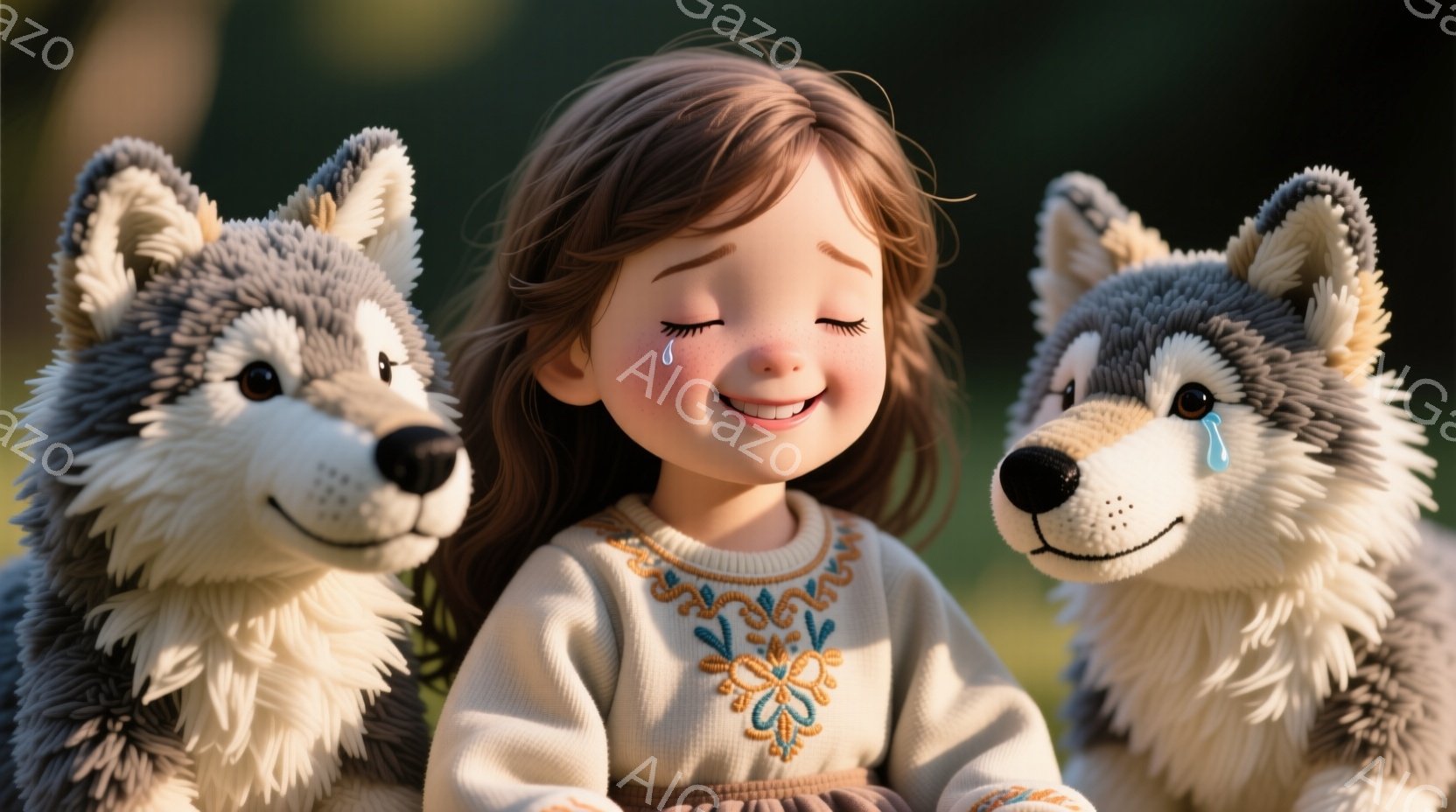 茶色の巻き毛の少女が、両頬に涙を浮かべながら微笑んでいます。彼女は、複雑な模様の刺繍が施されたオフホワイトのセーターとスカートを着用しており、穏やかな表情をしています。背景は緑豊かな自然で、両脇には灰 - AI生成フリー素材