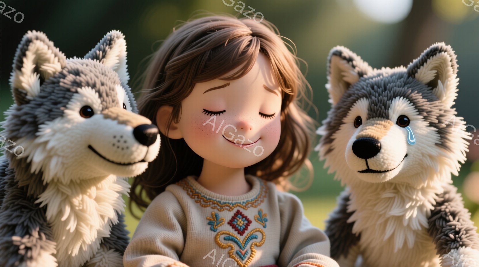 茶色の髪を無造作に肩まで垂らした少女が、左右にふわふわのオオカミのぬいぐるみに挟まれて微笑んでいます。彼女はベージュ色の刺繍が施されたセーターを着ており、頬はほんのり赤らんでいます。背景は緑豊かな自然 - AI生成フリー素材