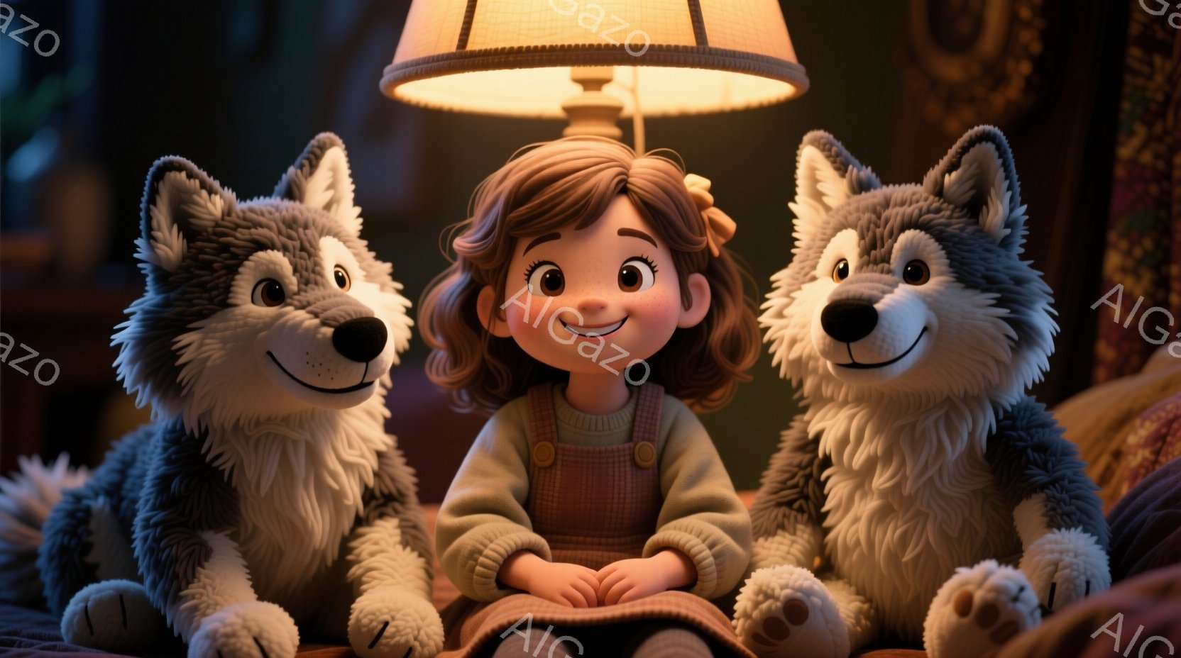 明るい茶色の巻き毛をした少女が、灰色の毛並みの2匹の狼に挟まれて座っています。彼女はベージュ色のセーターと、焦げ茶色のオーバーオール姿で、穏やかな笑顔を浮かべています。背景には暖色の照明があり、全体的 - AI生成フリー素材