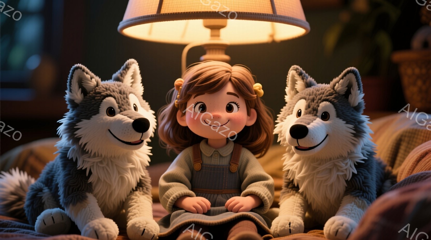 茶色の巻き毛の少女が、2匹のハスキー犬に挟まれて座っています。少女はセーターとオーバーオールを着ており、笑顔で幸せそうに見えます。背景には、暖色のランプとバスケットがあり、全体的に温かく穏やかな雰囲気です。