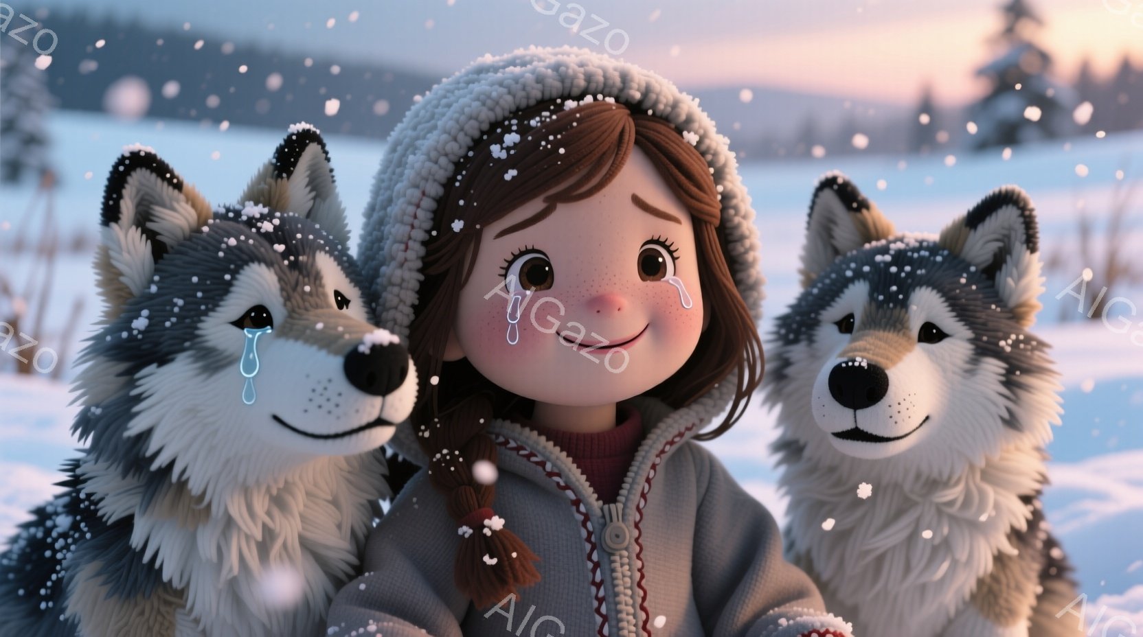 少女は、編み込みの赤毛に、赤いセーターと、白いポンポン付きのニット帽を着用し、両頬に赤みを帯びています。彼女は涙を流しながらも微笑んでおり、左右に灰色の毛並みの美しいシベリアンハスキーに挟まれています。背景には雪が降り積もる白銀の世界が広がり、遠くには木々が見え、全体的に温かく、感動的な雰囲気を醸し出しています。