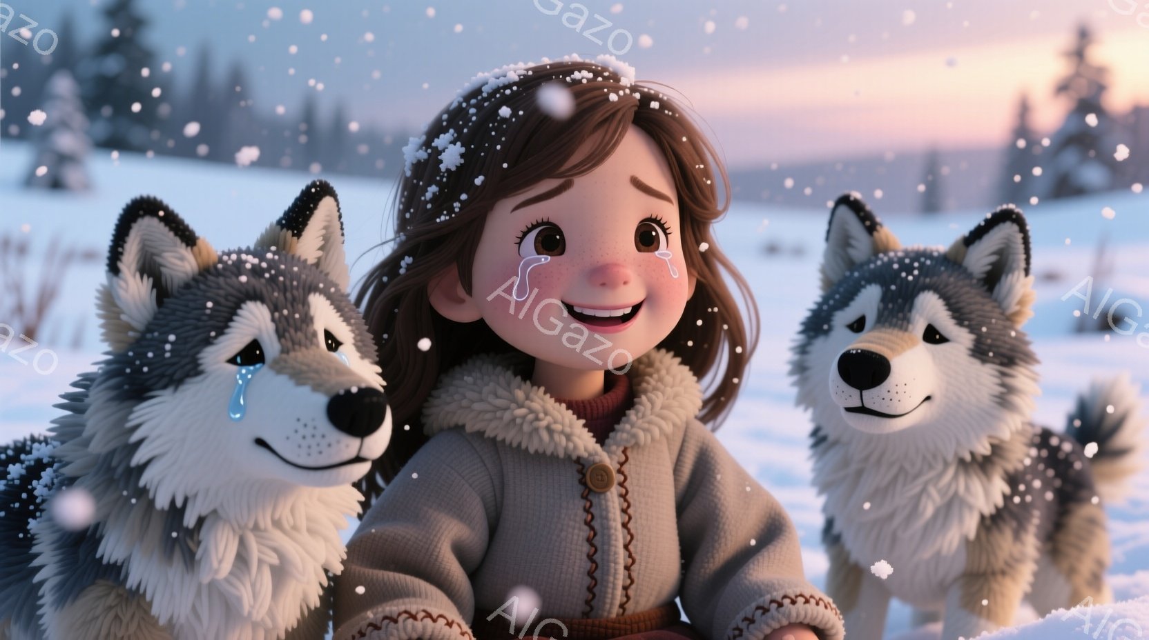 少女は雪景色の中で、二匹のシベリアンハスキーに囲まれています。彼女は茶色の巻き毛に、茶色のセーターとクリーム色の襟付きジャケットを着ており、涙を浮かべながら微笑んでいます。背景には雪に覆われた木々があり、全体的に暖かく、感動的な雰囲気が漂っています。