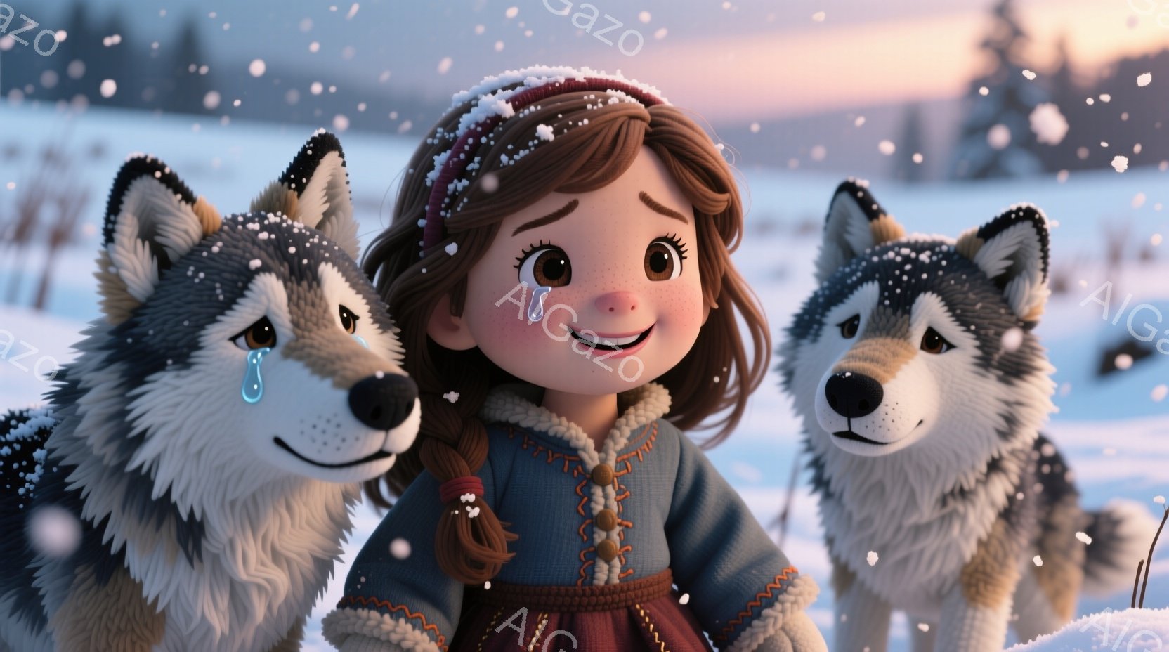雪景色の中に、茶色の髪を三つ編みにした少女が、左右に二匹のオオカミに囲まれています。少女は紺色のセーターと茶色のスカートを着ており、顔には幸せそうな笑顔が浮かんでいます。背景には雪に覆われた木々と、遠 - AI生成フリー素材