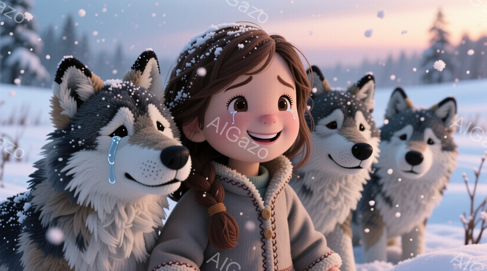 茶色の髪を三つ編みにした少女が、笑顔で３匹のシベリアンハスキーに囲まれています。彼女は茶色のニットセーターと厚手のコートを着ており、頬にはうっすらと赤みが差し、暖かく親しげな雰囲気を醸し出しています。 - AI生成フリー素材