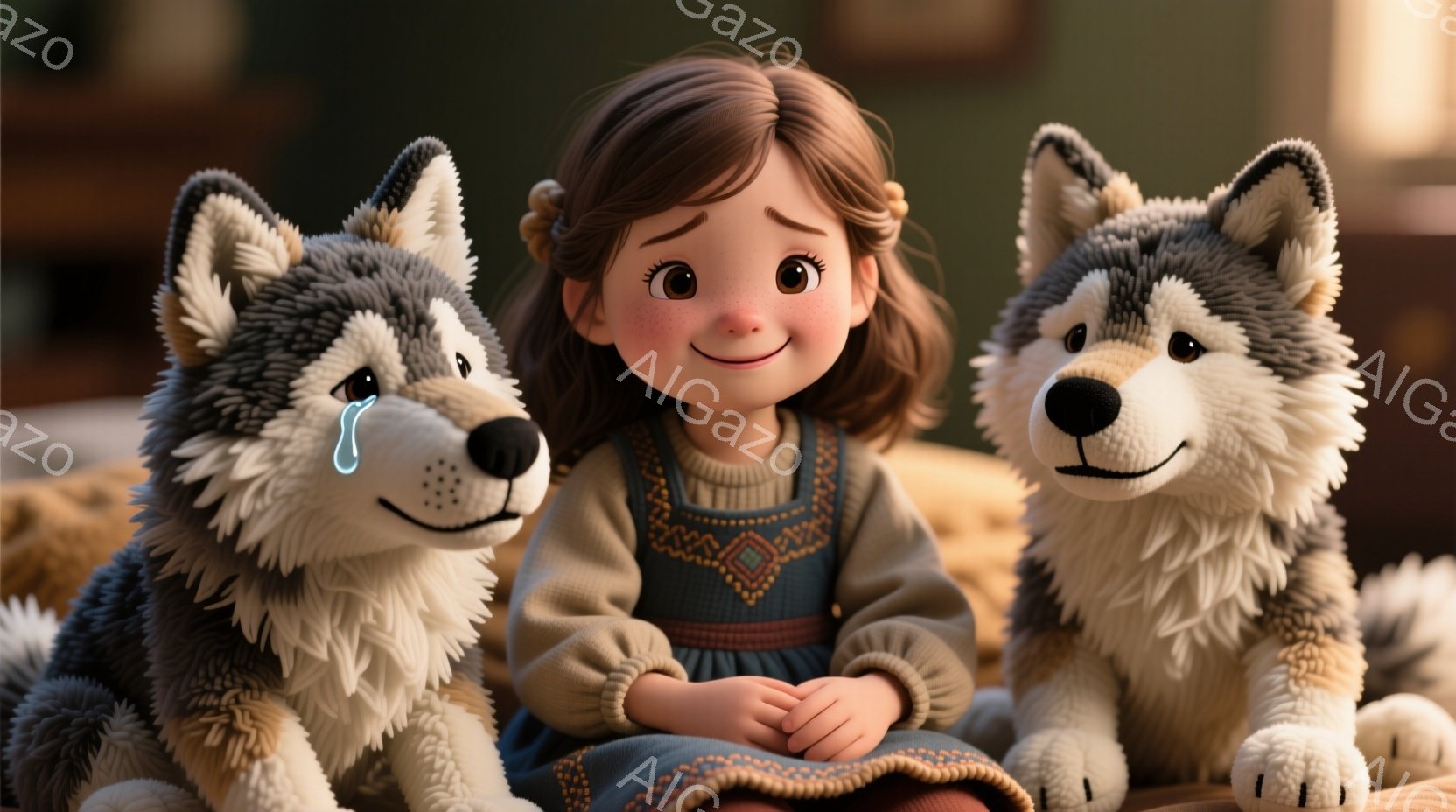 明るい茶色の髪を肩まで伸ばした少女が、クリーム色のセーターと、民族調の模様が入った濃い茶色のベストを着ています。彼女は穏やかな笑顔を浮かべ、両手を膝の上に重ねています。両脇には、一匹は涙を流しているような、灰色の毛並みの可愛らしい狼が寄り添っており、背景はぼやけた暖色系の室内で、温かく穏やかな雰囲気を醸し出しています。
