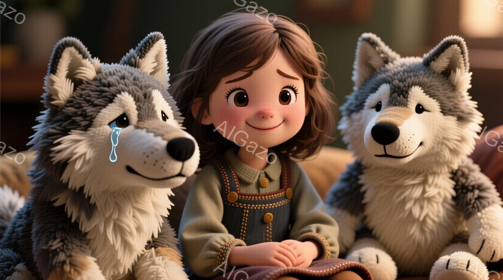 少女は緑がかった灰色のオーバーオールと、ボタン留めの長袖シャツを着ており、茶色の巻き毛が肩にかかっています。彼女は微笑んでおり、両手を膝の上に重ねています。背景にはぼやけた室内があり、彼女の両側にふわ - AI生成フリー素材