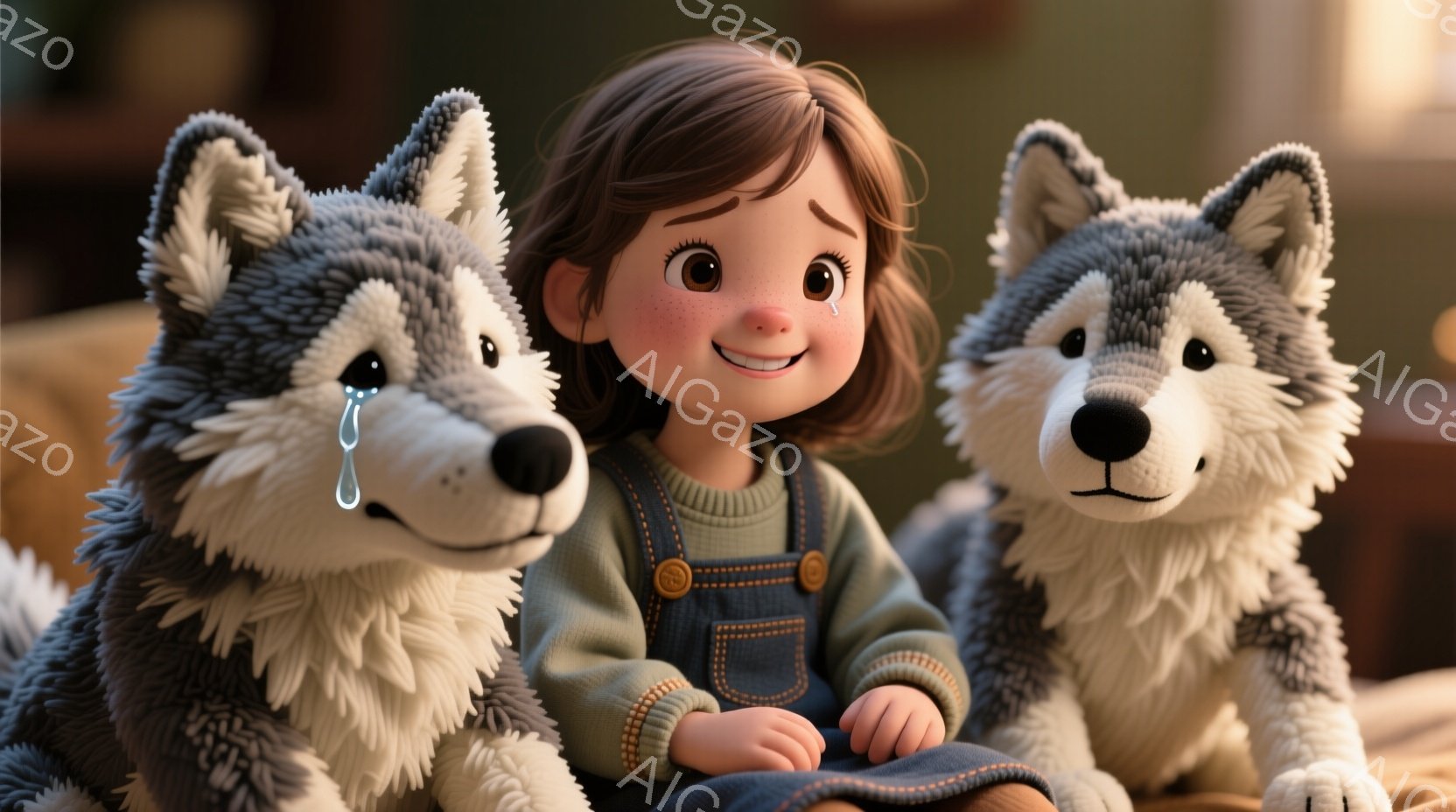 少女は緑色のセーターとデニムのオーバーオール姿で、穏やかな笑顔を浮かべて座っています。彼女の周りには、一匹は涙を流しているように見える、ふわふわの灰色と白のハスキー犬が寄り添っています。背景はぼやけていますが、暖色系のソファの一部が見え、全体的に温かく、少し憂いを帯びた雰囲気が漂っています。