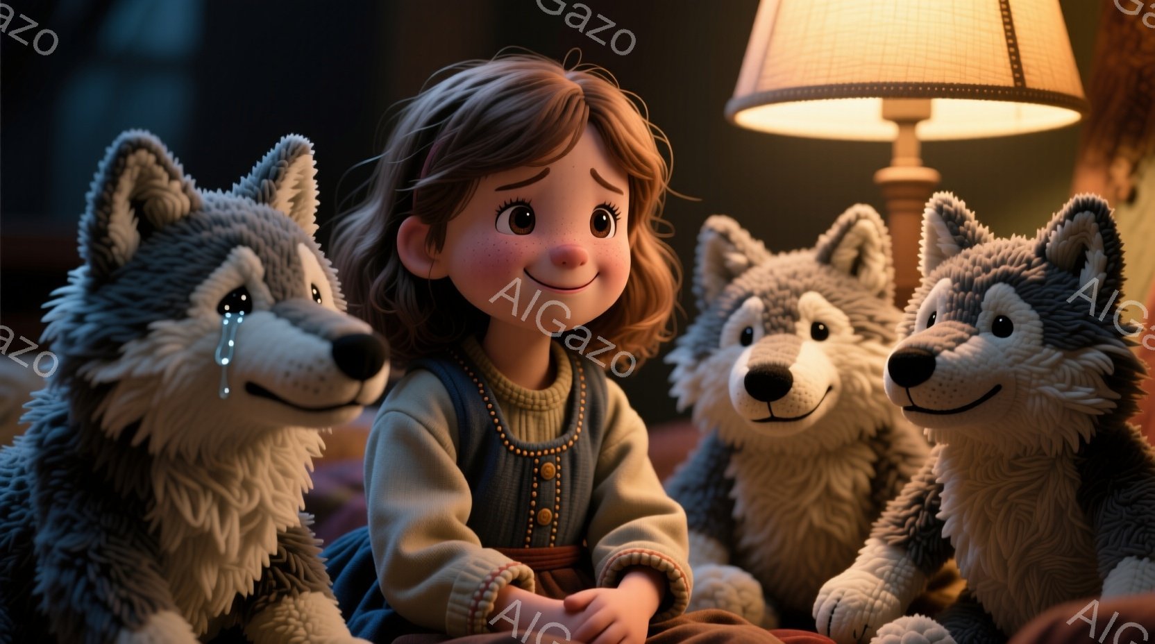 茶色の巻き毛の少女が、ふわふわの灰色のオオカミのぬいぐるみ3匹に囲まれて座っています。少女はベージュのセーターと赤い縁取りのベストを着ており、少し微笑んで暖かく優しい表情をしています。背景は暗く、ぼんやりとした家具が見え、暖色のランプが少女とぬいぐるみたちを照らしています。