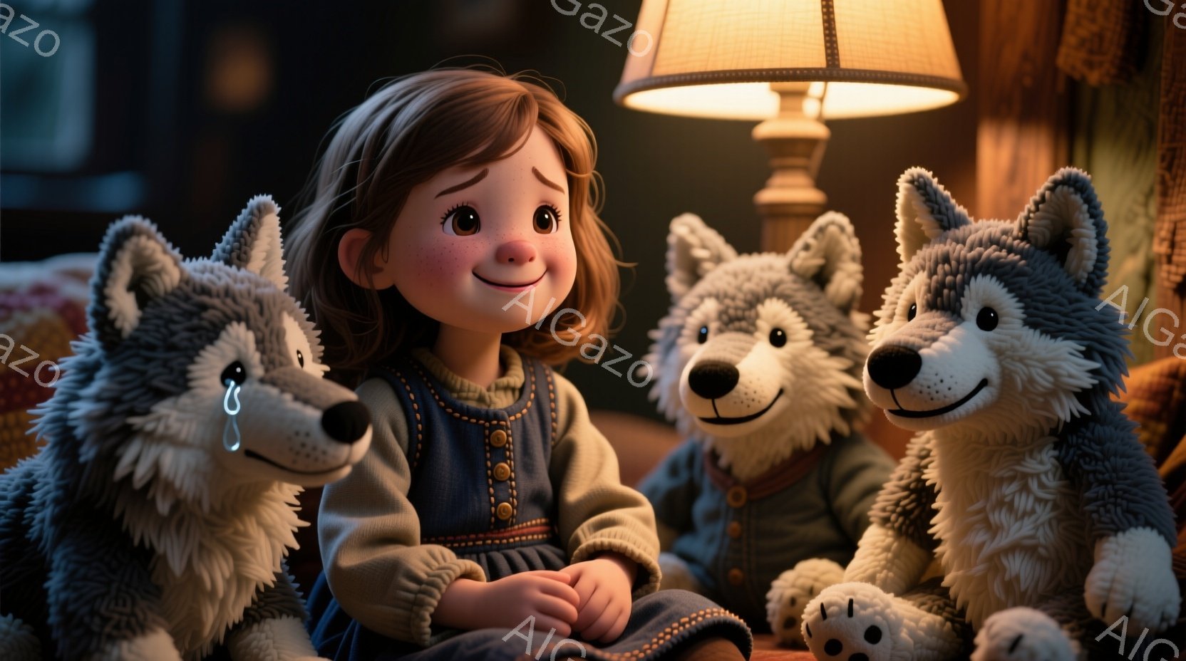 金髪の少女は、膝を抱えて座っており、楽しそうな笑顔を浮かべている。彼女は、茶色のセーターにデニムのオーバーオールを着ており、髪は肩までの長さで少しカールしている。彼女の周りには、同じように茶色のオーバーオールを着た3匹の毛むくじゃらのオオカミのぬいぐるみがおり、暖かく、心地よい室内が背景に見える。
