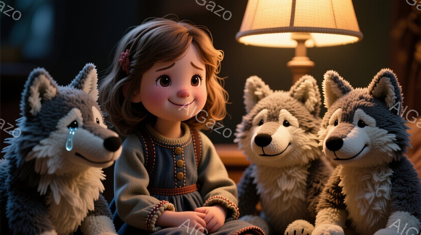 金髪の巻き毛の少女が、茶色と赤色の縁取りのあるセーターとスカートを着て座っています。彼女は微笑んでおり、周りには３匹の毛並みの灰色の狼のぬいぐるみが寄り添っています。背景には暖色系のテーブルランプがあ - AI生成フリー素材