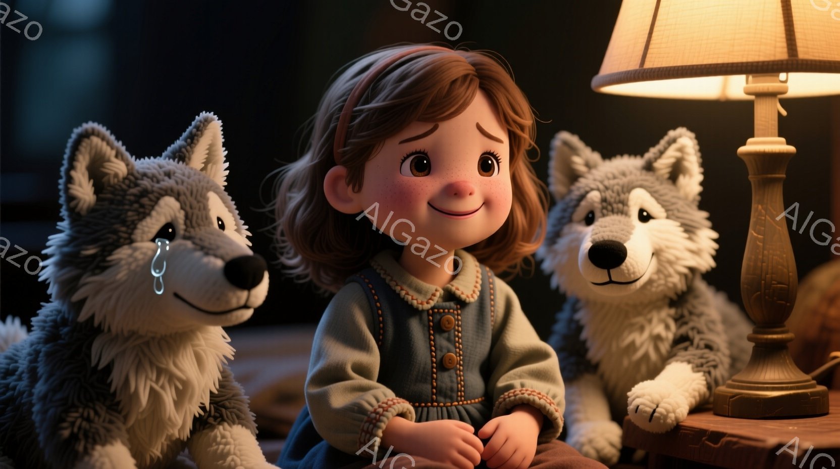 小さな女の子が、2匹の毛並みの灰色の狼のぬいぐるみと一緒に座っています。彼女は水色のドレスの上に灰色のセーターを着ており、髪は茶色で少しカールしています。背景には木製のテーブルと、暖色系の光を放つテー - AI生成フリー素材