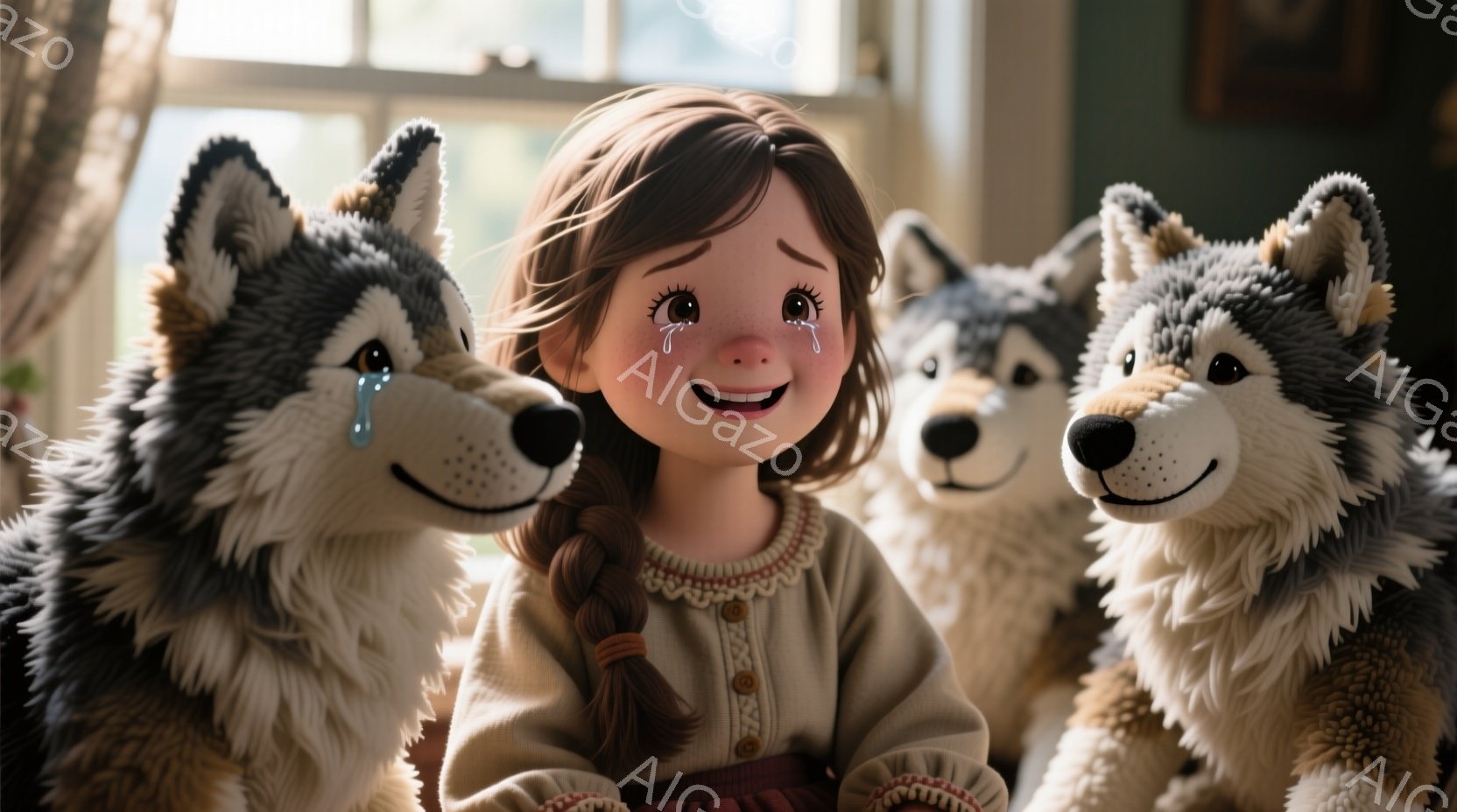 赤毛の少女が、3匹のオオカミに囲まれています。少女は茶色のセーターと赤いスカートを着ており、髪は三つ編みにされ、嬉し涙を流しています。背景は暖色系の室内で、窓から光が差し込み、温かく、愛らしい雰囲気を醸し出しています。