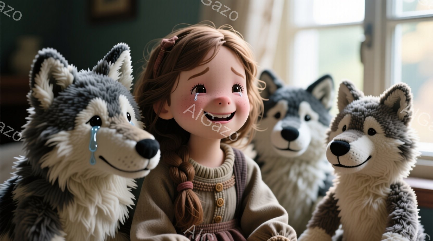 赤毛の少女が、ふわふわの３匹のオオカミのぬいぐるみと寄り添って笑顔を浮かべている。少女はベージュ色のセーターと茶色のスカートを着ており、髪は赤い三つ編みに結ばれている。背景は窓があり、室内であることがわかるが、全体的に暖かく、親しみやすい雰囲気である。