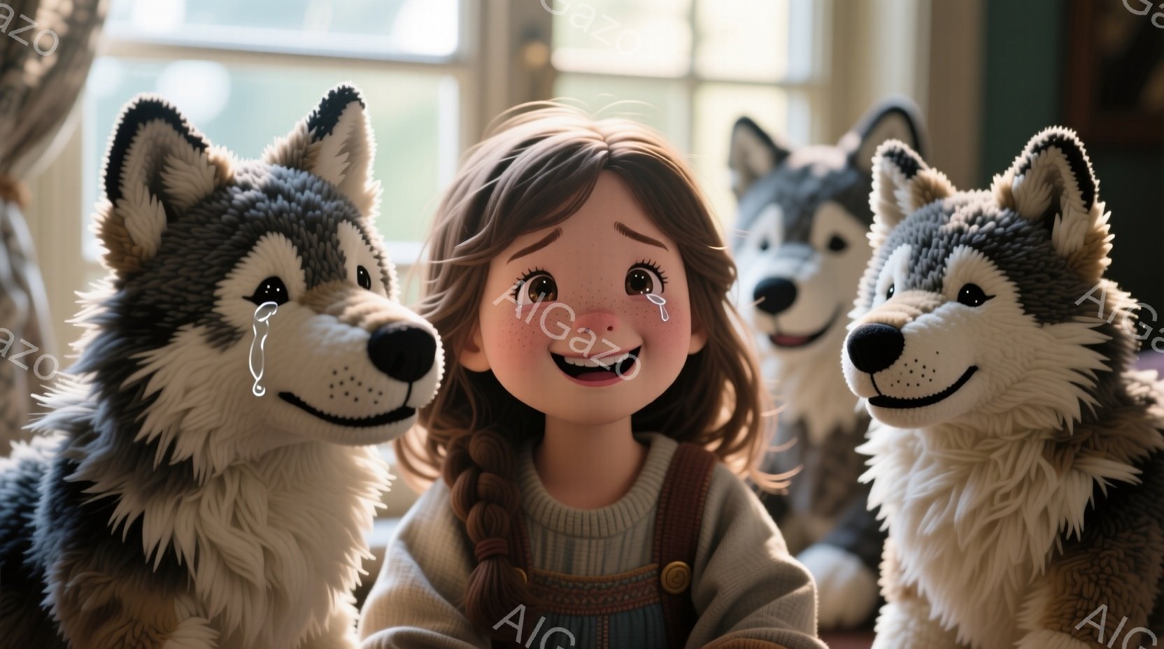 明るい茶色の髪を二つに結んだ少女が、嬉しそうに微笑んでいます。彼女はベージュ色のセーターに茶色のダッフルコートを着ており、頬は赤く染まっています。左右には毛並みの美しいハスキー犬が寄り添い、少女を見つめており、背景には暖炉と窓が見え、温かく幸せな雰囲気が漂っています。