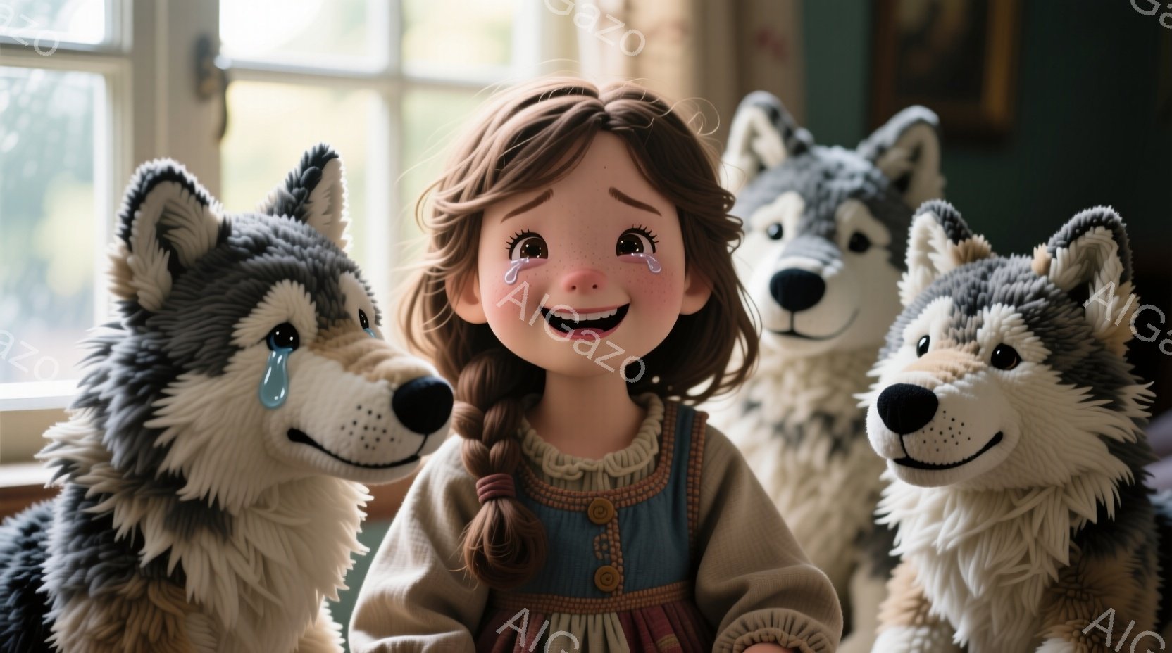 茶色の髪を三つ編みにした少女が、両脇にシベリアンハスキーのような犬たちに挟まれて描かれています。少女はベージュ色のベストと赤いスカートのような服を着ており、顔には涙が浮かび、やや悲しげな表情を浮かべています。背景は窓があり、室内であることがわかります。