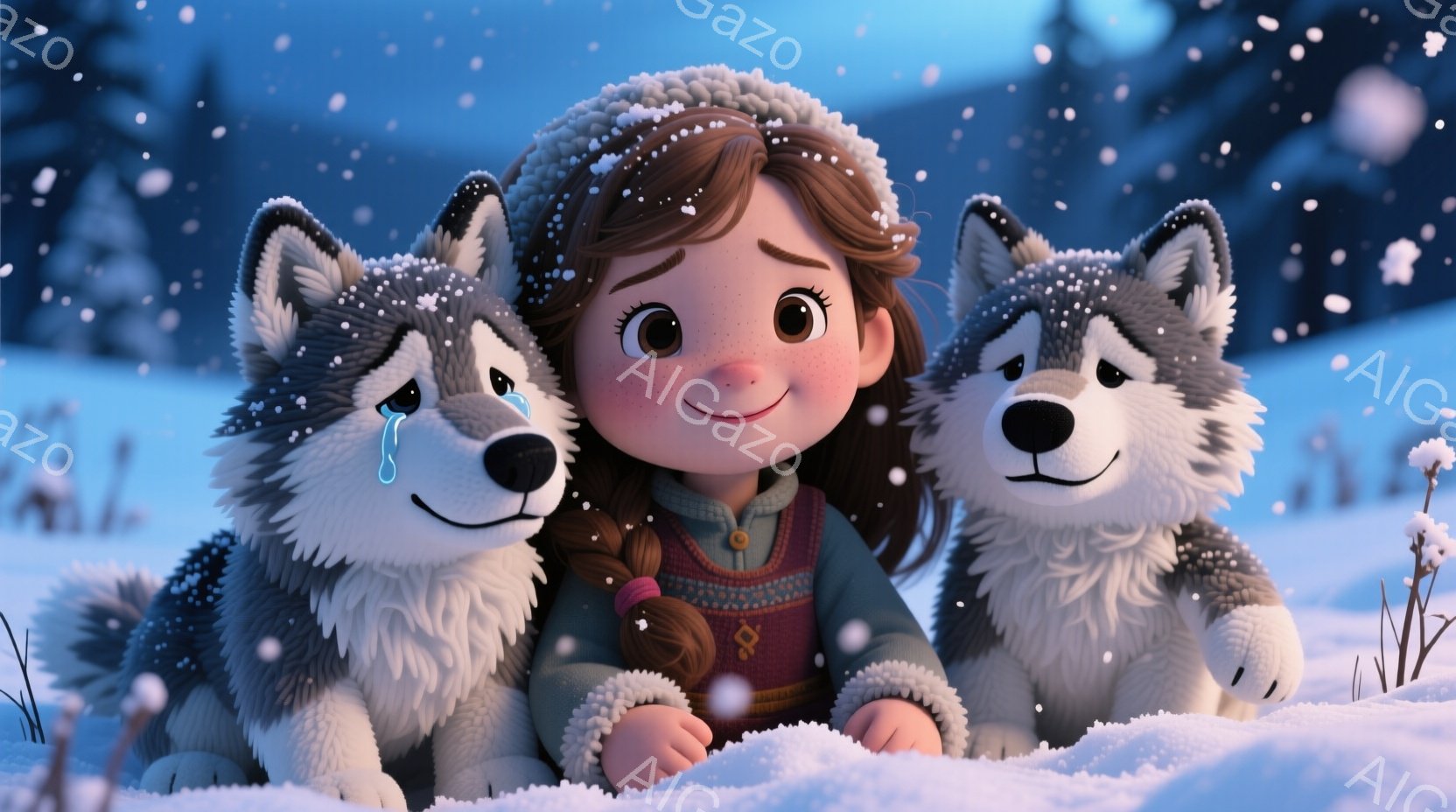 雪景色の中で、少女が左右に2匹のハスキー犬に挟まれて横たわっています。少女は茶色の髪を三つ編みにし、ノルウェー風の模様が入ったセーターと茶色のコートを着ています。背景には雪に覆われた木々と白い雪が舞う冬の風景が広がっており、全体的に温かく、優しい雰囲気を醸し出しています。
