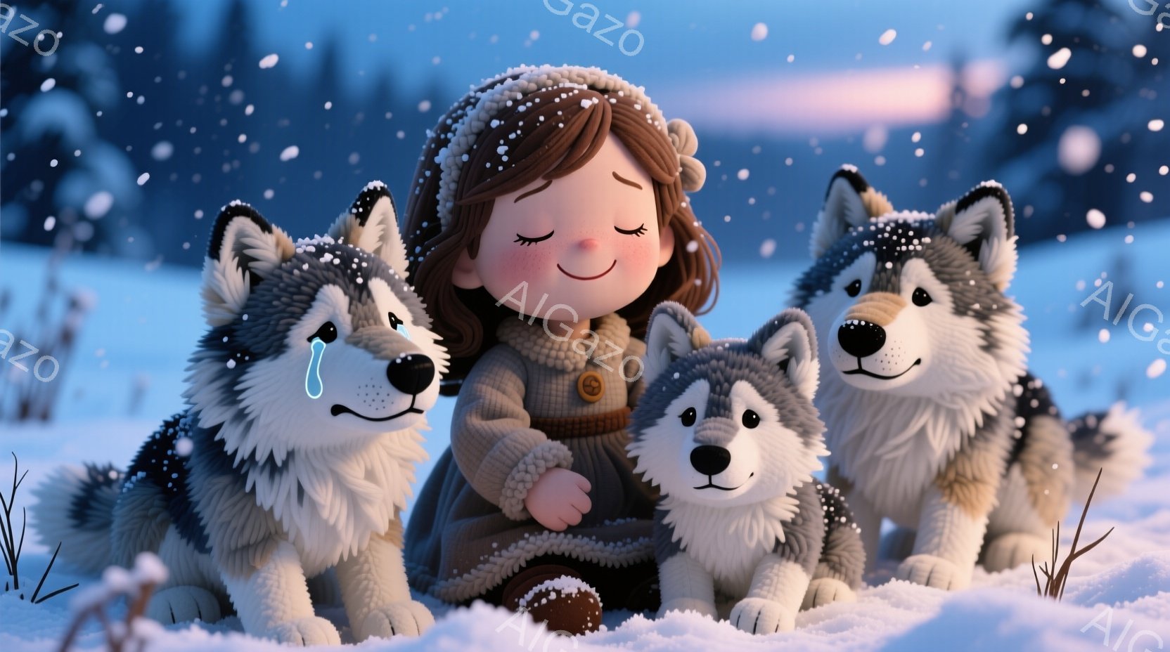 雪景色の中で、少女がハスキー犬３匹に囲まれている。少女は茶色の髪を三つ編みにし、冬の暖かい帽子とコートを着ており、穏やかな表情で目を閉じている。背景には雪に覆われた草木と、遠くに見える山々が広がっており、静かで穏やかな雰囲気を醸し出している。