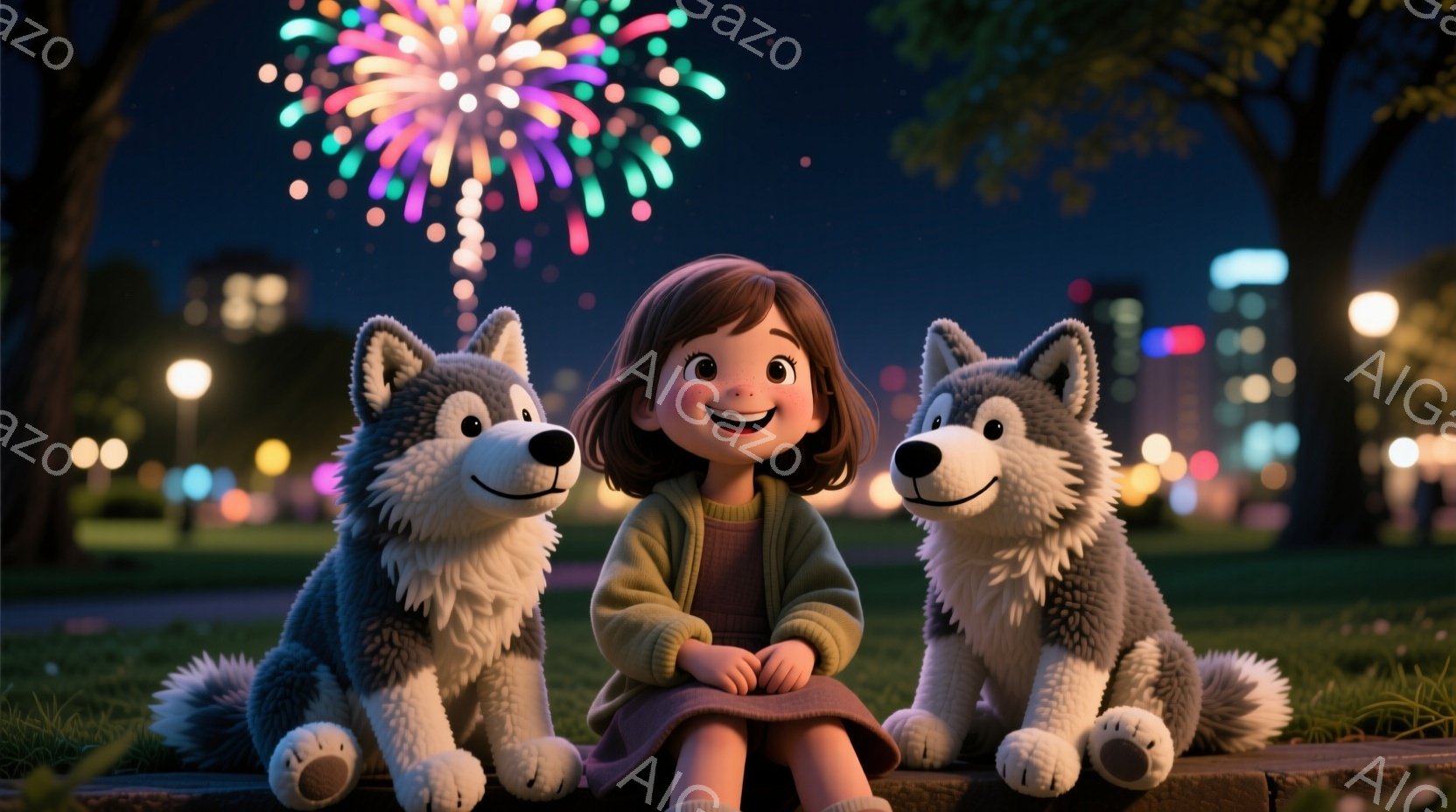 茶色の巻き髪の少女が、グレーと白のフリル付きの犬2匹に挟まれて石段に座っています。彼女は紫色のスカートと黄緑色のセーターを着ており、満面の笑みを浮かべています。背景には夜の街並みと花火が咲き、緑豊かな公園の芝生が広がっており、温かく、幸せな雰囲気が漂っています。