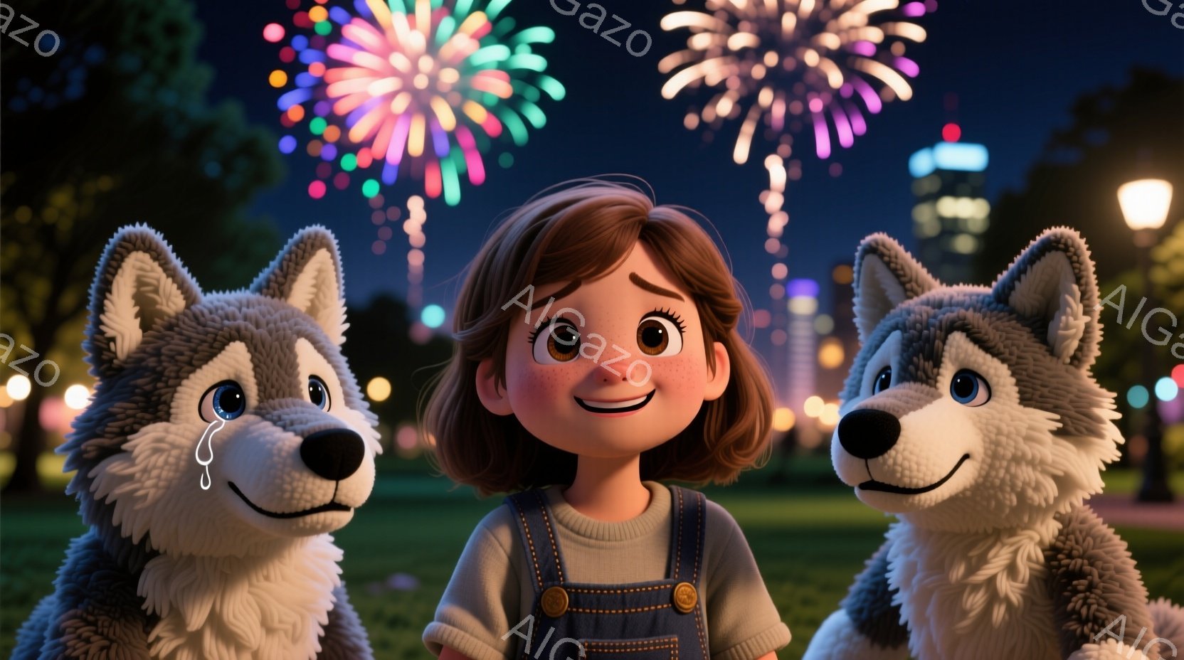 明るい茶色の髪の少女が、デニムのオーバーオールを着て、優しい笑顔で正面を見つめている。彼女の両脇には、同じように笑顔のハスキー犬が寄り添っており、片方の犬の目からは涙がこぼれている。背景には夜空に打ち上げられた花火と、街並み、そして緑豊かな公園が広がっており、温かく、少し切ない雰囲気を醸し出している。