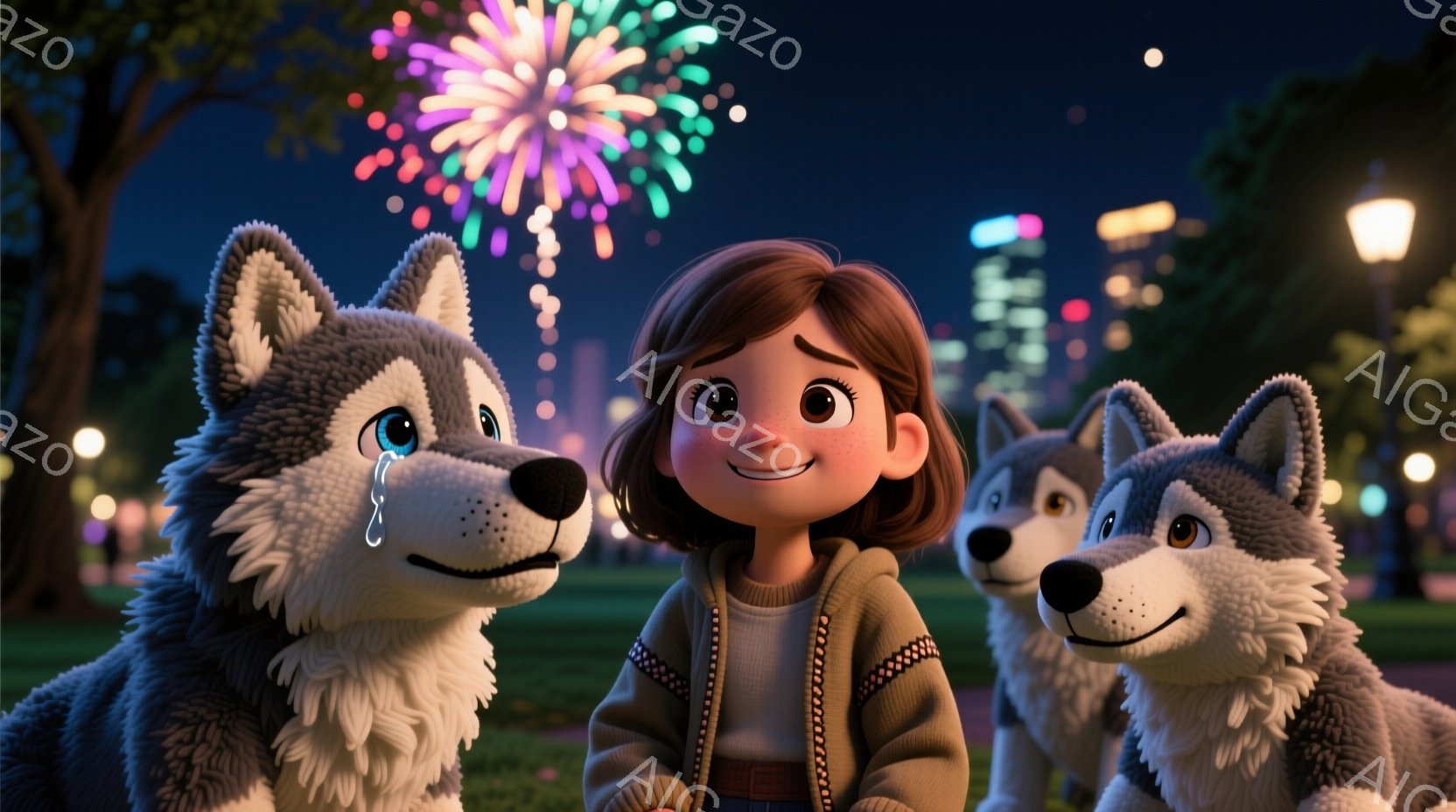 明るい茶色の髪を肩のあたりで切りそろえた少女が、可愛らしい笑顔を浮かべて座っています。彼女はクリーム色のセーターと濃い色のズボンを身につけており、左右には大きな灰色のオオカミが寄り添い、一匹は涙を流し - AI生成フリー素材