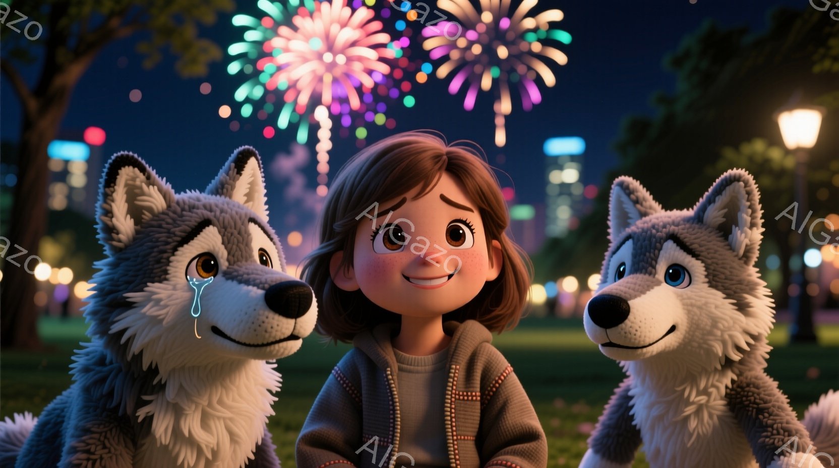 短い茶色の髪の少女が、2匹のハスキー犬に挟まれて座っています。少女はグレーのカーディガンと赤いボタンのついたシャツを着て、笑顔を見せています。背景には、夜の街並みと花火が打ち上げられており、暖かくお祝 - AI生成フリー素材