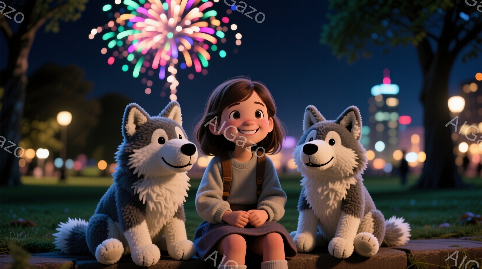 茶髪の少女が、2匹のシベリアンハスキーに挟まれて石の縁に座っています。彼女はベージュのセーターとスカートを着ており、穏やかな笑顔を浮かべています。背景には、夜景の街並みと花火が咲き誇り、温かく幻想的な雰囲気を醸し出しています。