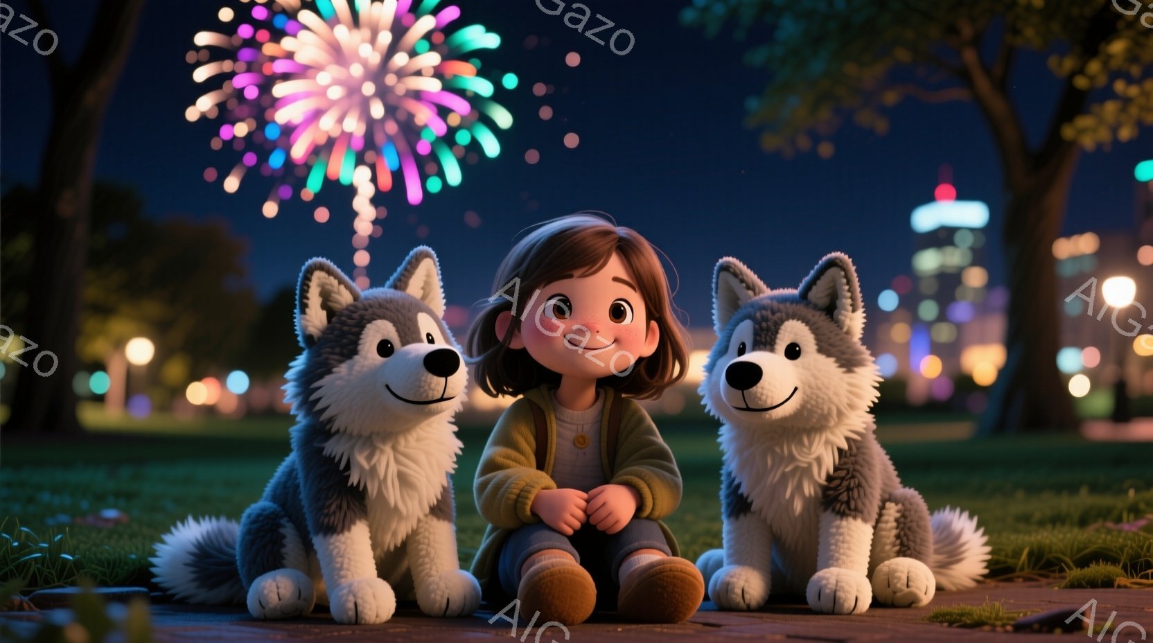 明るい茶色の髪を肩まで伸ばした少女が、2匹のハスキー犬に挟まれて地面に座っています。少女はベージュ色のカーディガンと茶色の靴を履き、穏やかな笑顔を浮かべています。背景には、夜景の建物と花火が咲き誇り、緑豊かな自然が広がっており、温かく平和な雰囲気を醸し出しています。