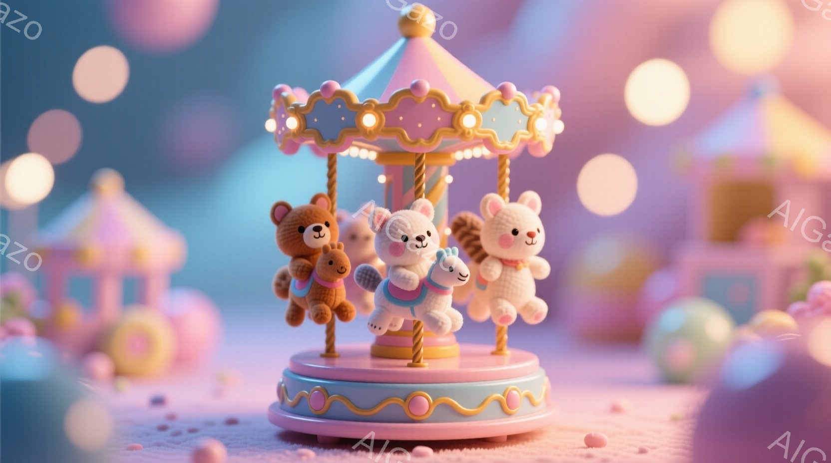 明るいピンク色の背景に、可愛らしいメリーゴーランドが描かれています。クマ、ウサギ、ヒツジのぬいぐるみたちが乗り物に乗って楽しんでいる様子で、それぞれ穏やかな表情をしています。背景にはパステルカラーの建物や丸い光が散りばめられ、夢のような、温かみのある雰囲気を醸し出しています。