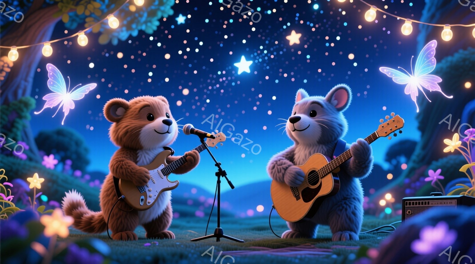 ぬいぐるみのようなクマと猫が、夜の草原で演奏しています。クマはエレクトリックギターを演奏し、猫はアコースティックギターを弾きながら微笑んでいます。背景には花々が咲き乱れ、蛍や蝶が舞い、頭上には電飾と星空が広がり、幻想的な雰囲気を醸し出しています。