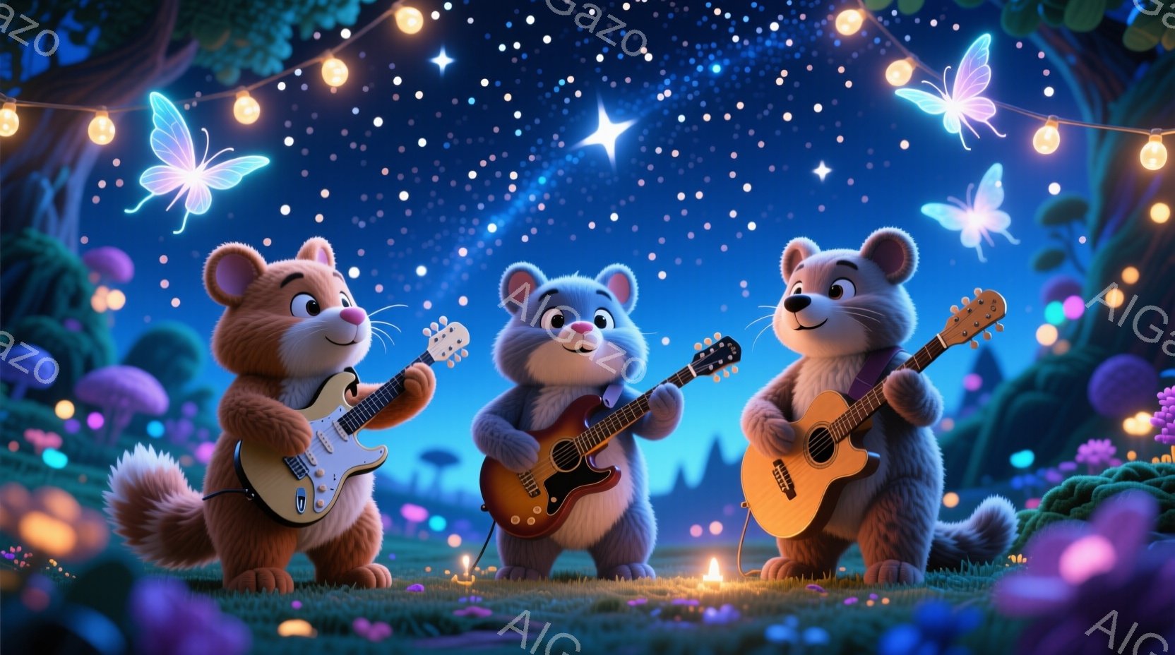 三匹の可愛らしい子犬が、夜の森の中で演奏を楽しんでいます。それぞれギターを持っており、満面の笑みを浮かべています。背景には、きらめく星空、光るキノコ、そして飛んでいる蝶が描かれており、幻想的で温かい雰囲気を醸し出しています。