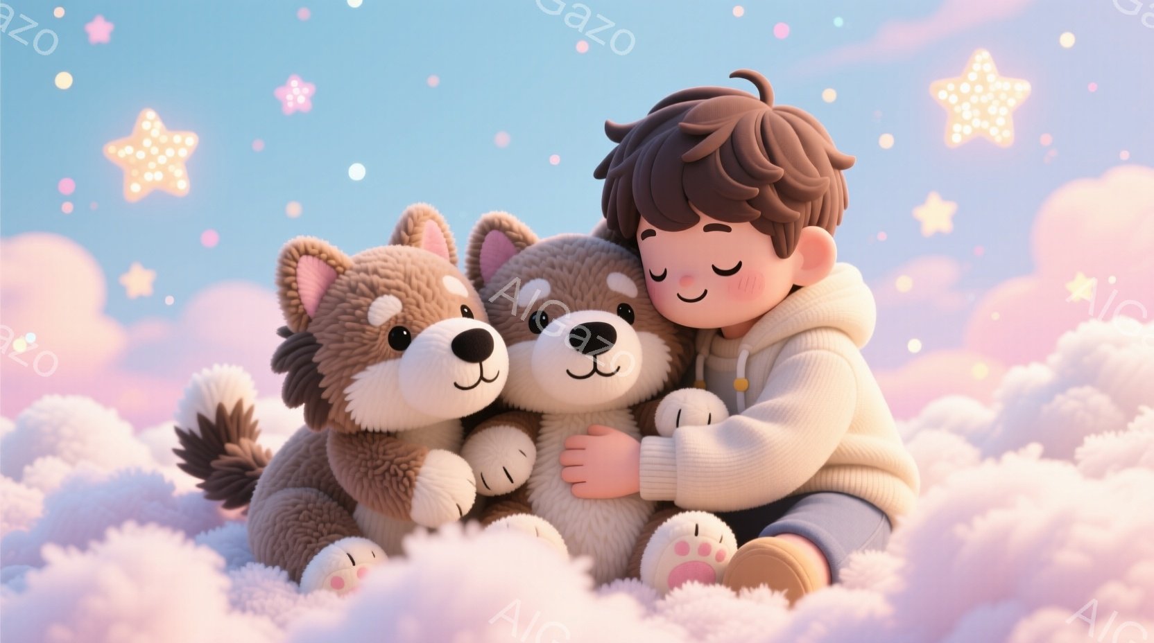 男の子が雲の上に座り、２匹のふわふわした犬を抱きしめています。少年はオフホワイトのパーカーとズボンを着用し、短い茶色の髪をしています。背景はパステルカラーの雲と星で満たされ、全体的に暖かく、夢のような雰囲気です。