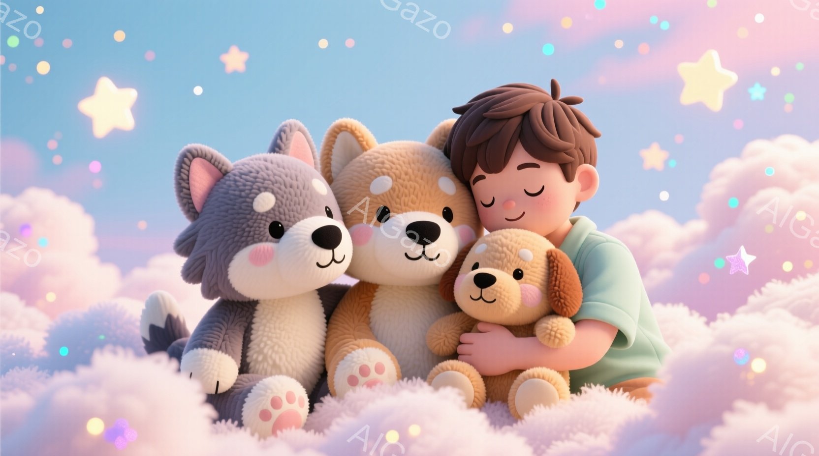 男の子がふわふわの犬たちと雲の上で抱き合っている様子が描かれています。少年は茶色の髪で、目を閉じて穏やかな表情を浮かべており、ベージュ色のセーターを着ています。背景はパステルカラーの雲と星で満たされており、夢のような、暖かく優しい雰囲気を醸し出しています。