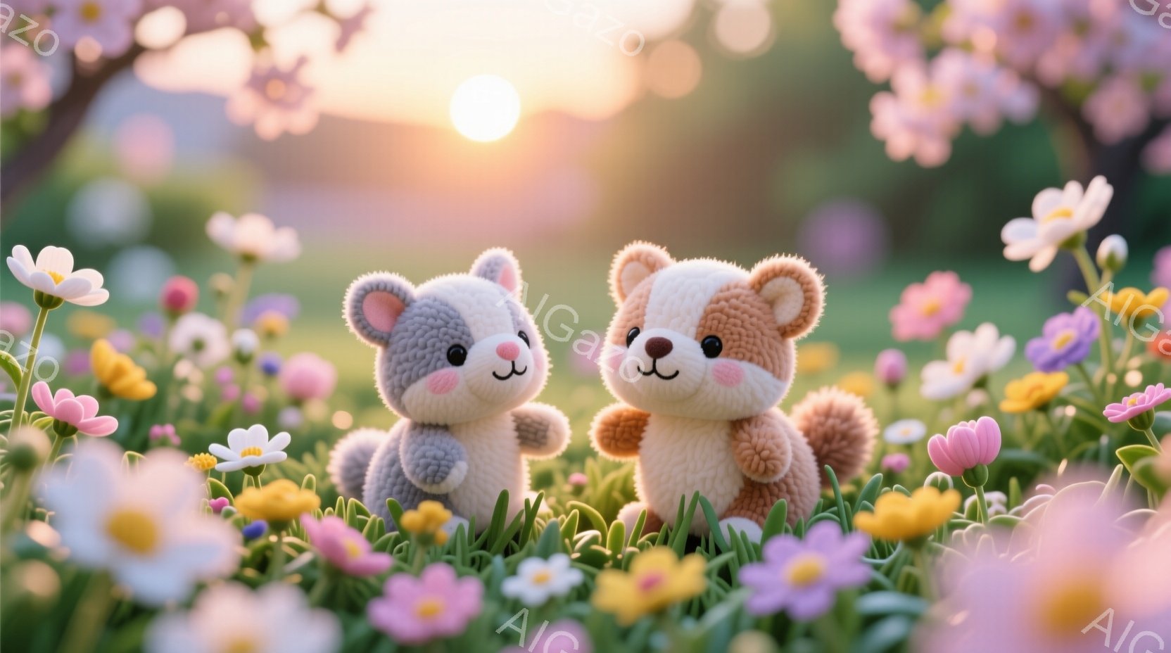 ふわふわとした灰色のウサギと茶色のクマの人形が、色とりどりの小さな花々が咲き乱れる草むらに並んで立っています。人形たちは前を向き、少し微笑んでいるように見え、暖かく優しい雰囲気です。背景にはぼやけた桜の木々と柔らかな日差しが広がり、春の穏やかな一日を描写しています。