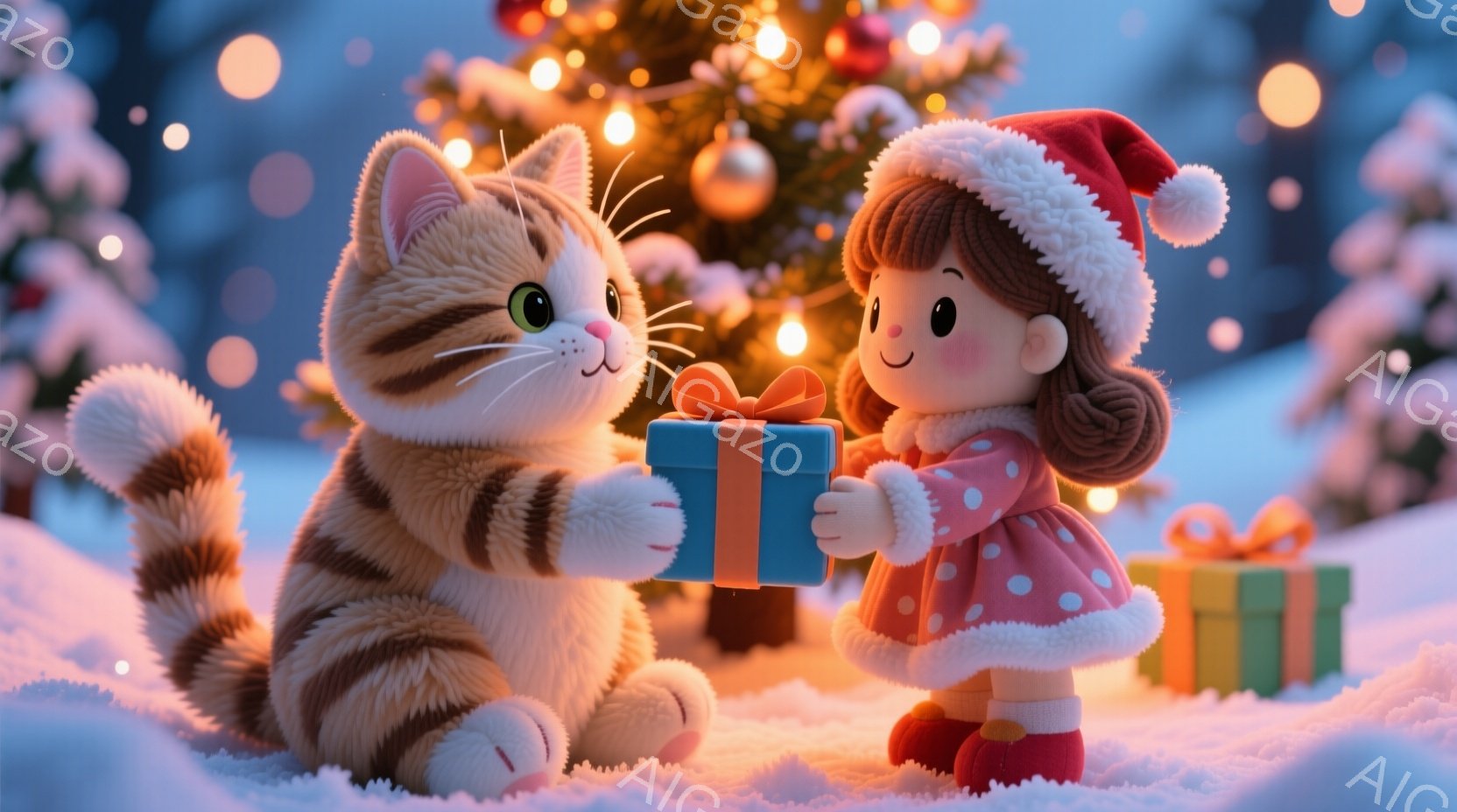クリスマスツリーを背景に、縞模様の猫と少女がプレゼントを交換している様子が描かれています。少女は赤い帽子とピンク色のドレスを着ており、明るい笑顔を浮かべています。雪が舞う中で、猫と少女は贈り物を交換し - AI生成フリー素材