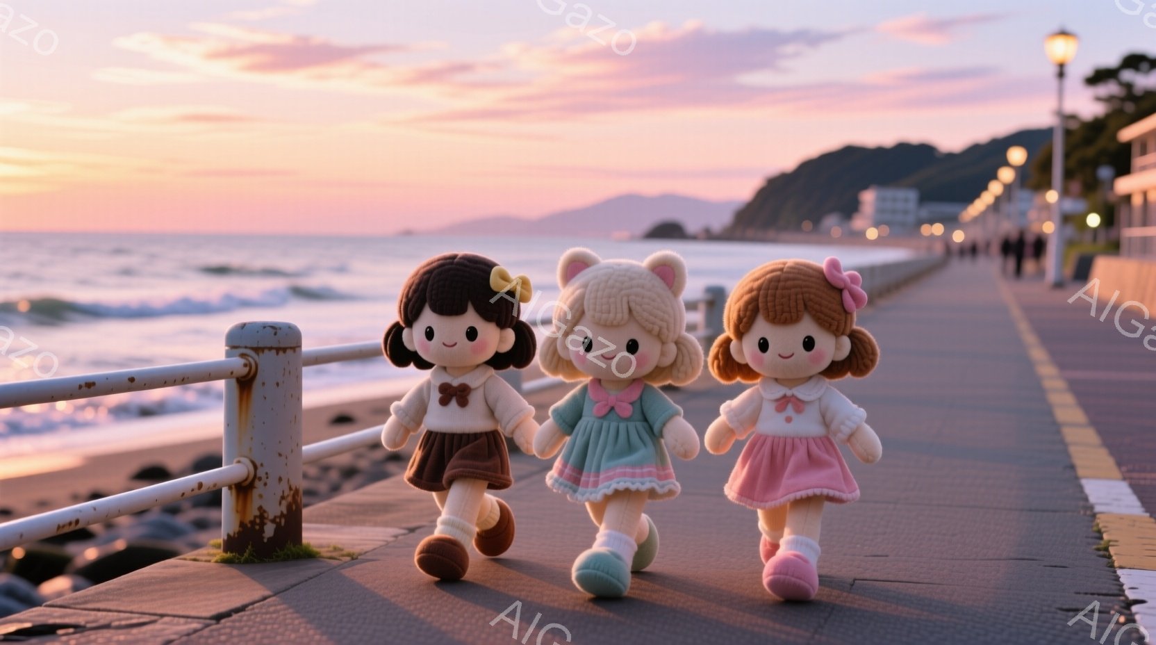 桟橋の上を、可愛らしい人形たちが並んで歩いている。それぞれ茶色、水色、ピンクのワンピースを着ており、頭にはリボンが付いたヘアスタイルをしている。背景には穏やかな海と夕焼け空が広がり、暖かい雰囲気を感じ - AI生成フリー素材