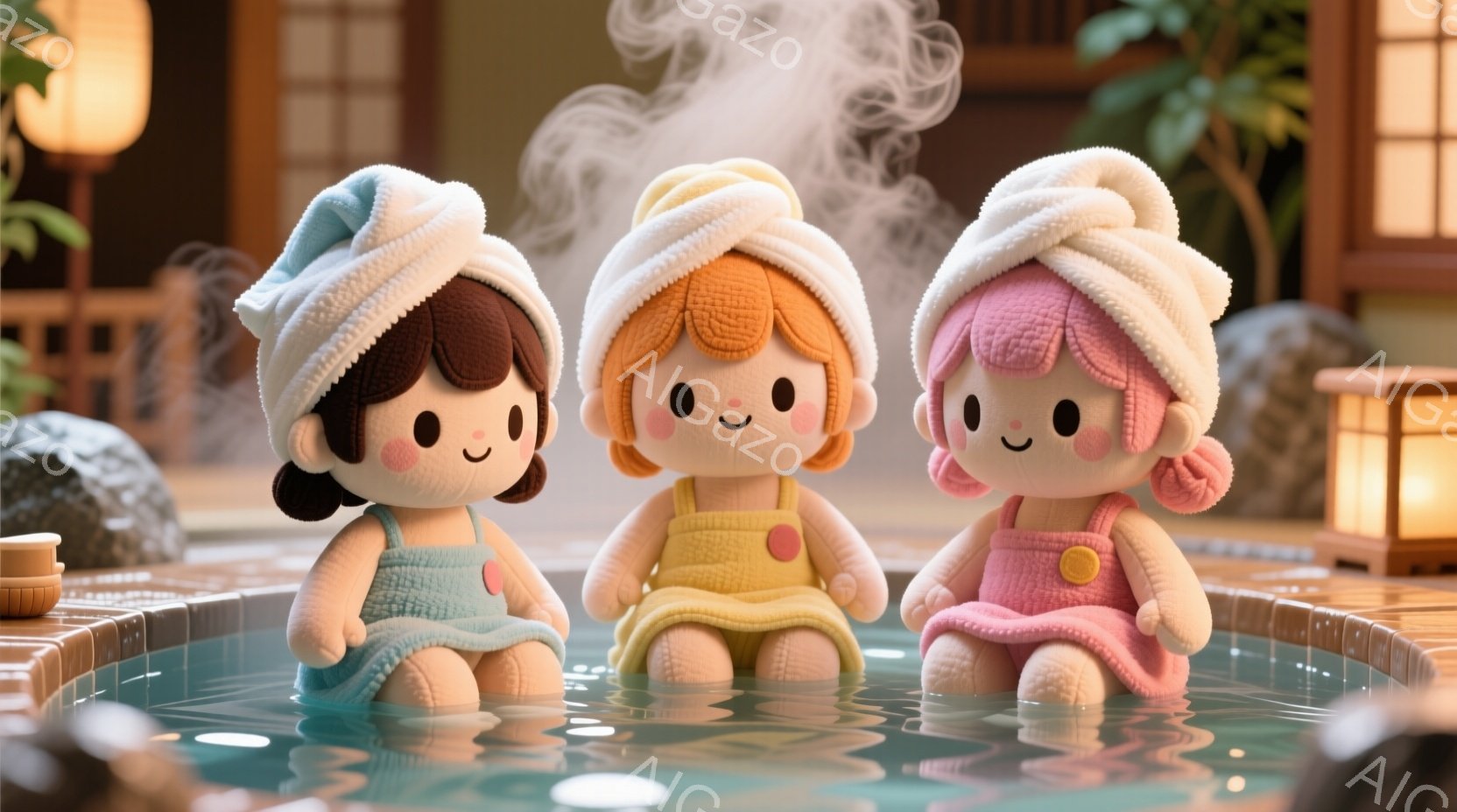 可愛らしい人形たちが温泉に浸かっています。それぞれターバンを巻き、パステルブルー、イエロー、ピンクの可愛らしい服を着ています。背景には、岩、木、柔らかな光の灯りが灯る温泉施設の様子が見え、温かくリラックスした雰囲気が漂っています。