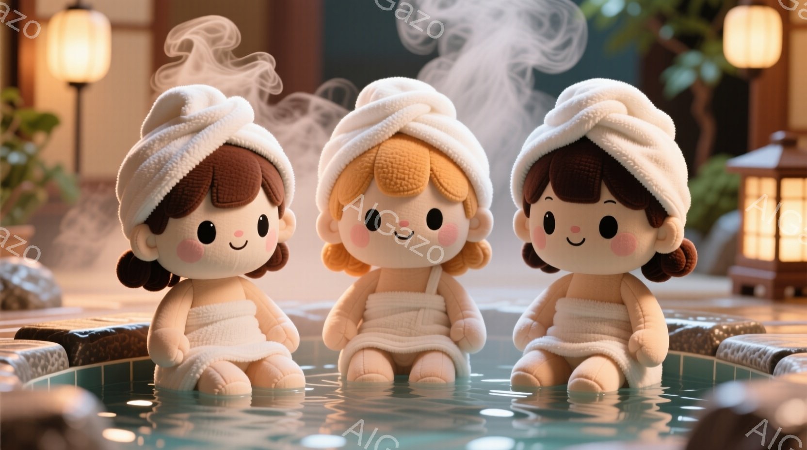 三人の可愛らしい女の子が湯船に浸かっています。それぞれ茶色、金髪、黒髪の髪をしており、頭には白いタオルを巻いています。湯船は温泉のような雰囲気で、背景には石や植物が見え、リラックスできる温かい雰囲気が漂っています。