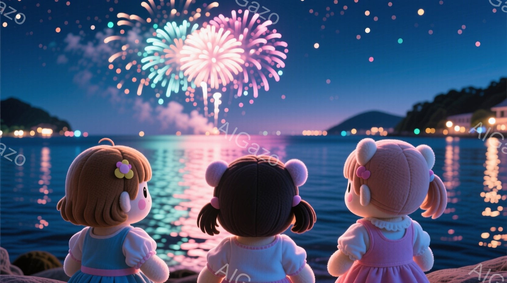 三人の可愛らしい人形が、夜の海を背景に花火を見上げています。それぞれの人形はピンクや水色の可愛らしいワンピースを着ており、髪型もそれぞれ少し異なっています。背景には、光り輝く街並みと、夜空に咲き誇る美 - AI生成フリー素材