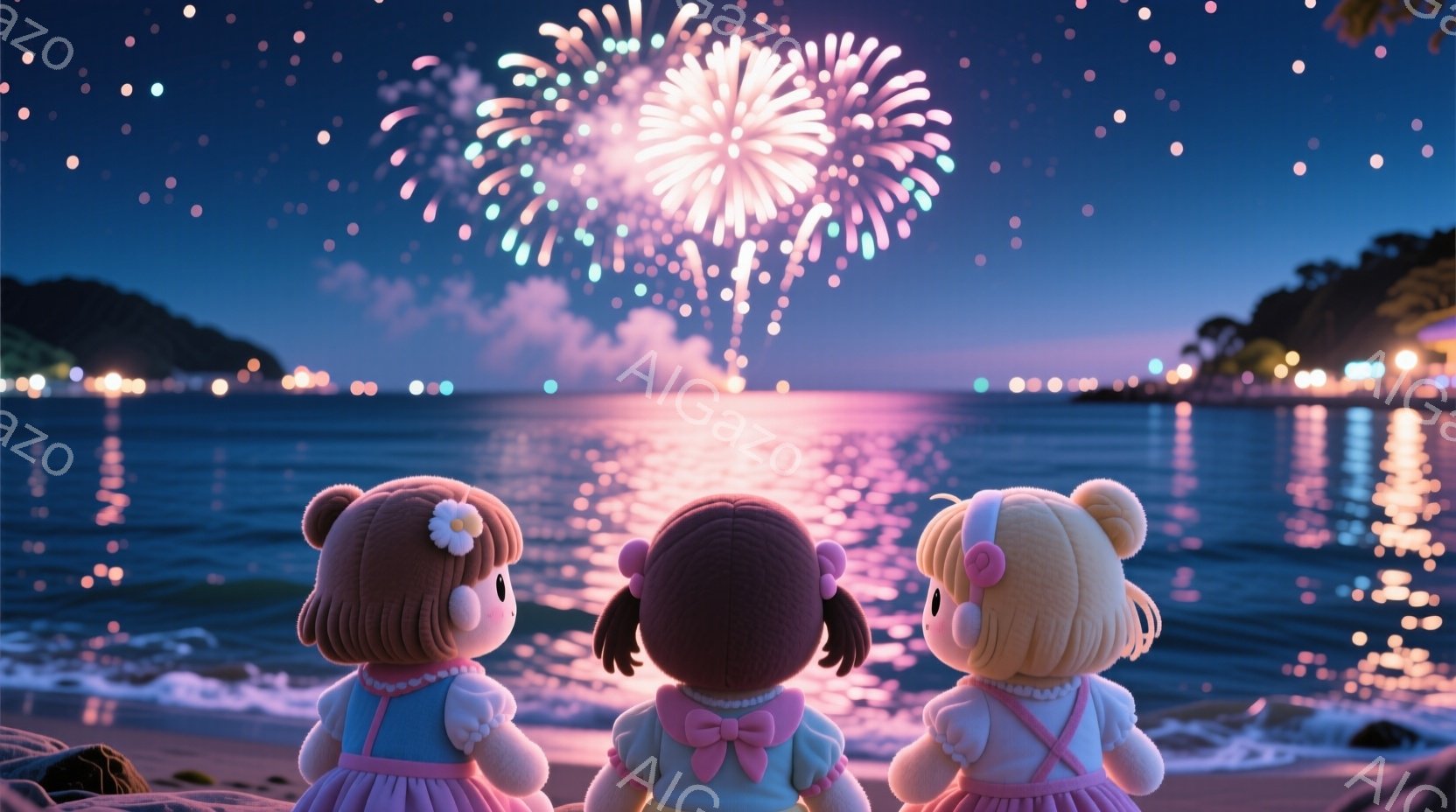 三体の可愛らしい人形が、夜のビーチで花火を見上げています。各人形はピンク色のオーバーオールに、茶色とクリーム色のカールした髪型をしており、後ろ姿しか見えません。背景には、夜景の街並みと、水面に反射する - AI生成フリー素材