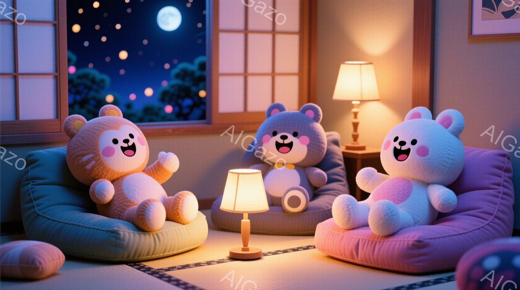 柔らかいピンクと水色のクマのぬいぐるみたちが、畳の上に置かれた椅子に座って楽しそうにしている。背景には障子窓から月明かりが差し込み、小部屋を照らしており、テーブルランプの暖かい光が雰囲気をさらに温かくしている。全体的に、暖かく、リラックスした、おとぎ話のような雰囲気である。