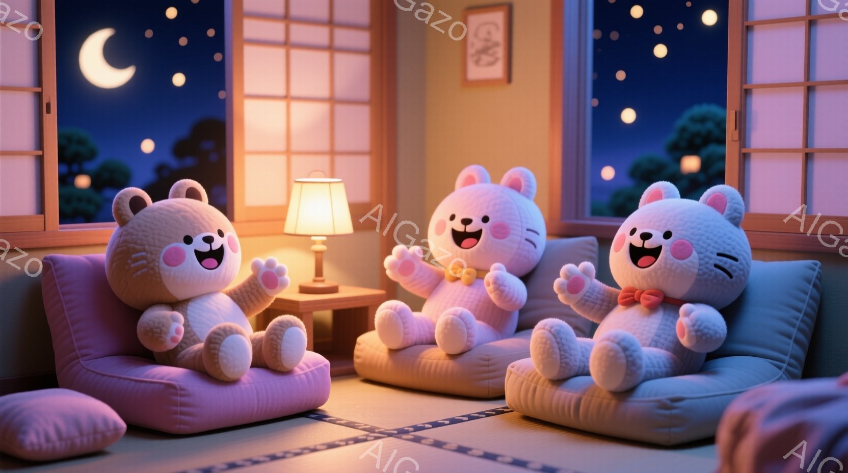 ふわふわとしたピンク色のクマのぬいぐるみたちが、畳の部屋に座ってリラックスしています。クマたちはそれぞれ蝶ネクタイを身につけ、笑顔で手を振るなど、愛らしい表情をしています。窓の外には満月が輝き、夜空と木々が穏やかな雰囲気を醸し出しています。