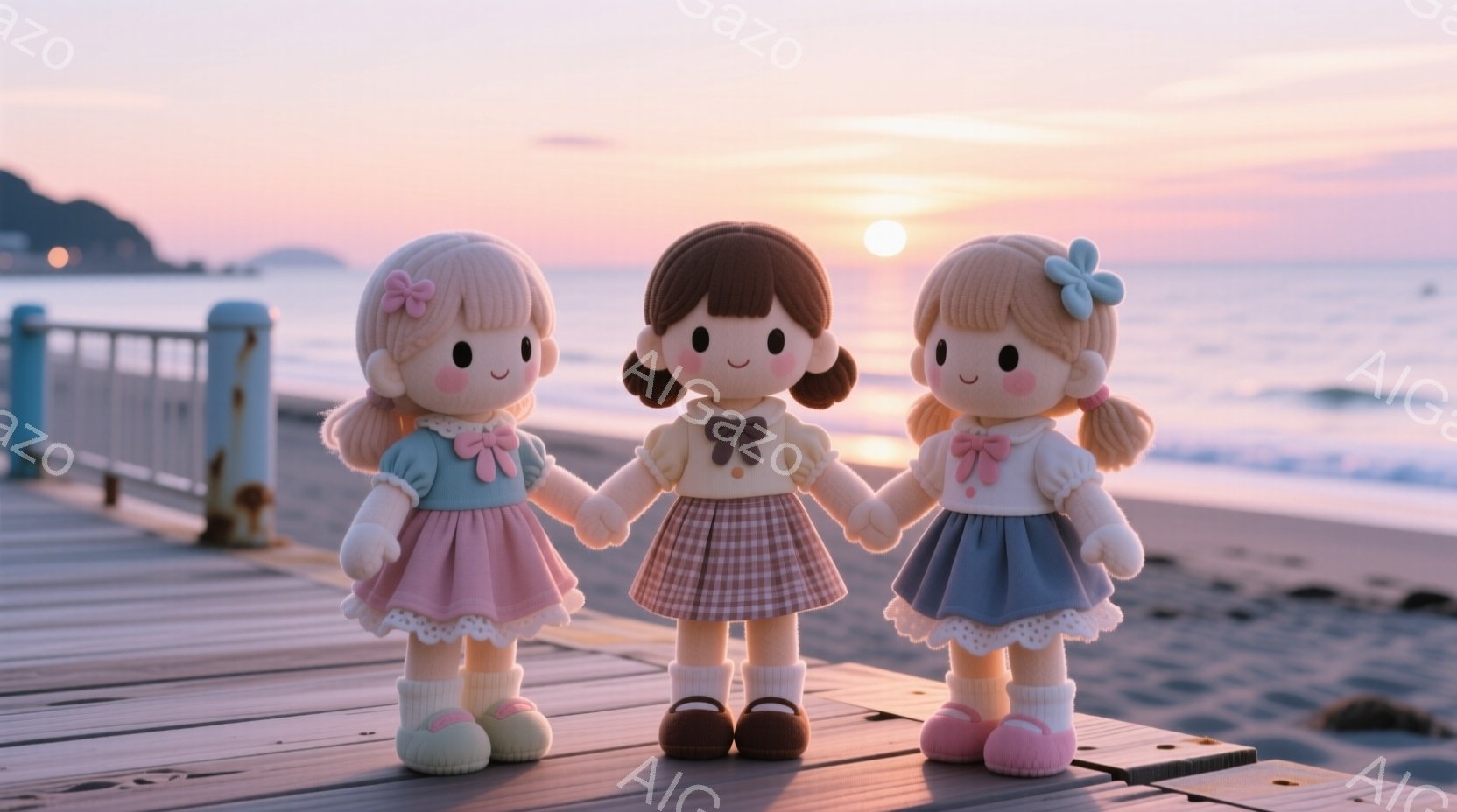 桟橋の上で、ピンク、茶色、水色の服を着た３人の人形が手をつないで立っています。彼女たちは白いフリルのついた靴下と、それぞれに合った色のリボンで髪を結んでいます。背景には、夕焼け空の下の穏やかな海と、遠くに見える海岸線が広がっています。