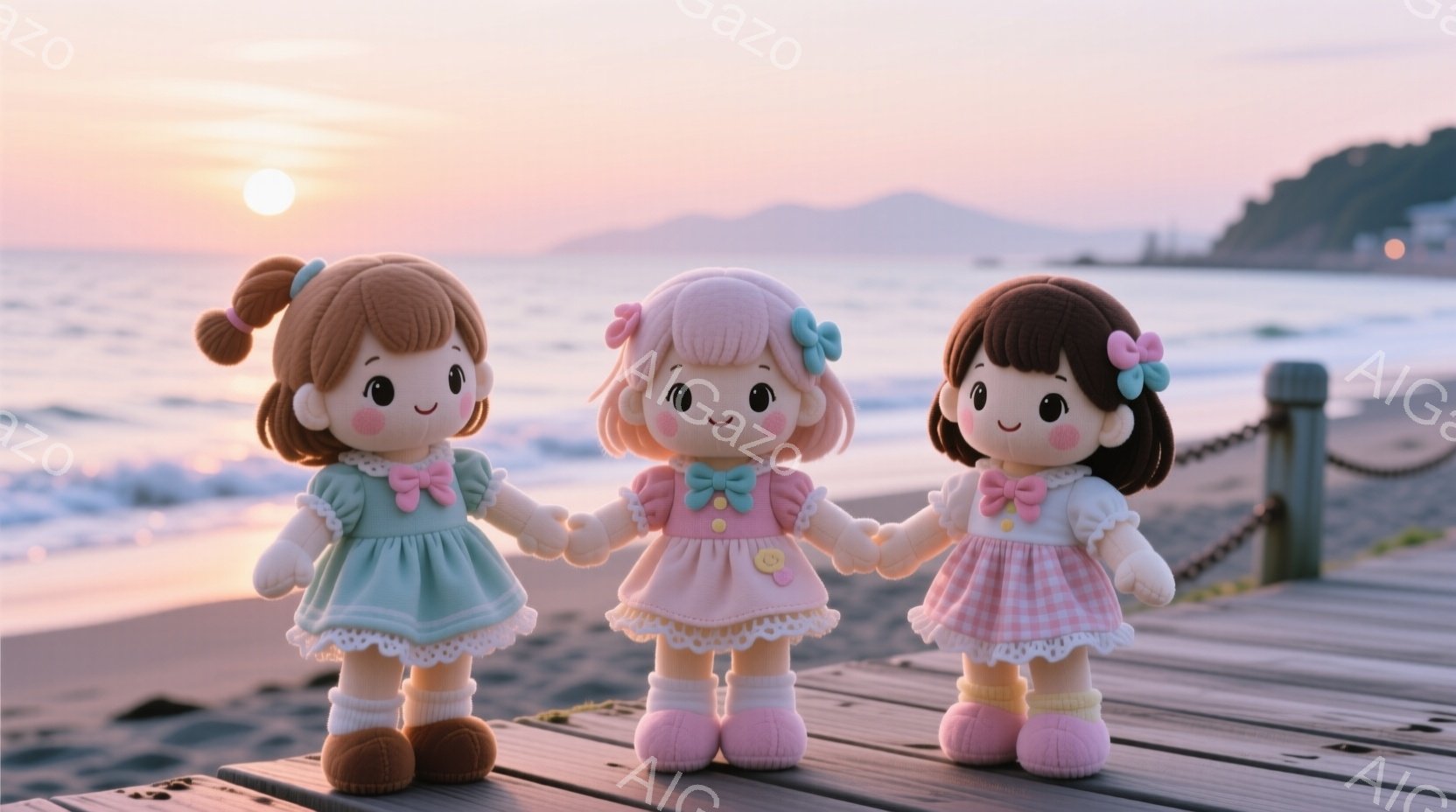 桟橋の上に並んだ、可愛らしい人形が三人います。それぞれ、水色、ピンク、ピンク色のチェック柄のワンピースを着ており、白いフリルとリボンがアクセントになっています。背景には、夕焼けの海と穏やかな波が広がり、温かく優しい雰囲気を醸し出しています。