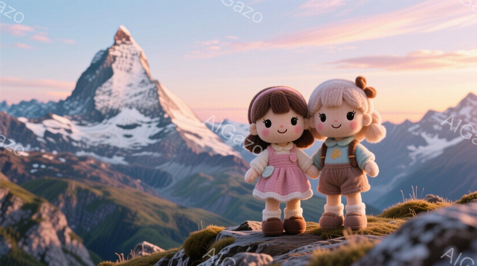 ふたりの可愛らしい人形が、緑豊かな丘の上に立っている。ピンクと茶色の暖かい色合いの服を着ており、髪はそれぞれカールして編み込まれている。背後には雪を頂いた山々が壮大に広がり、夕焼けのような柔らかな光が - AI生成フリー素材