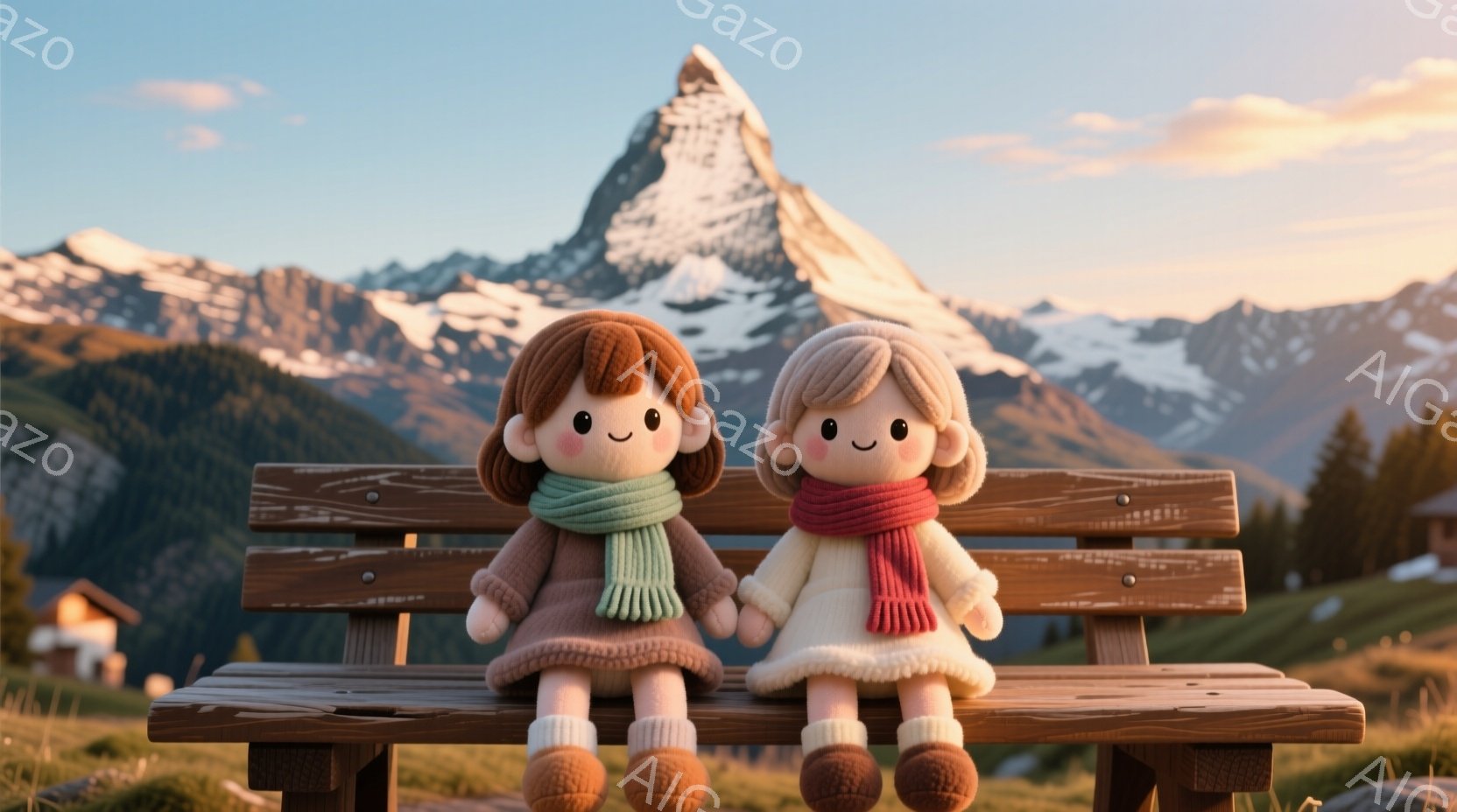 2体の人形が木製のベンチに寄り添って座っており、それぞれ茶色と薄い茶色の暖かいセーターとスカーフを身につけています。背景には、雪をかぶった山々と緑豊かな牧草地が広がり、晴れた空の下、穏やかで心地よい雰 - AI生成フリー素材